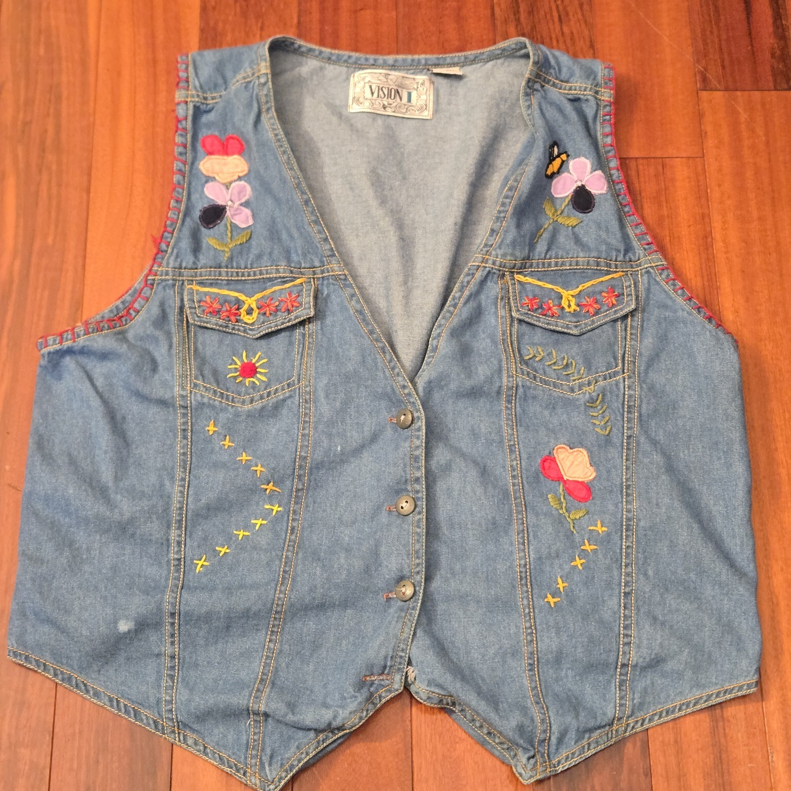 Vintage 80s90s Denim L Vest Floral Embroidery Teacher Cottagecore Boho Pockets