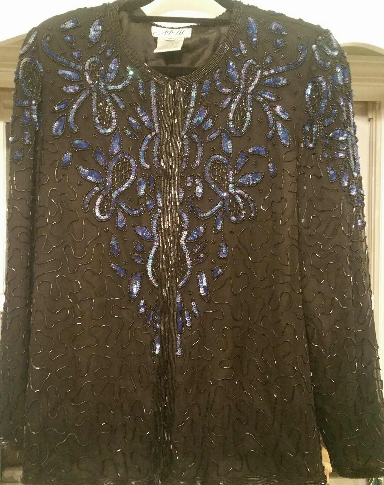 AP LTD WOMENS BLACK FANCY EVENING PARTY BEADED SEQUIN SILK JACKET TOP HOOK EYE M