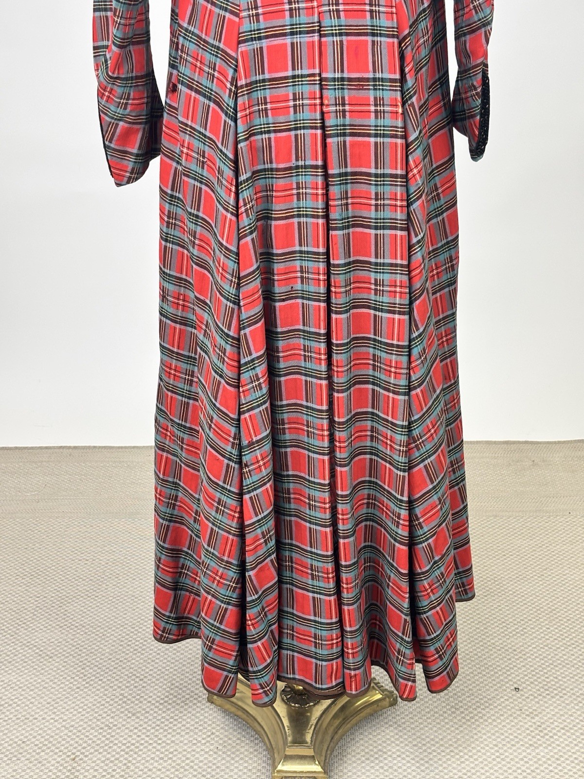 Antique Victorian Walking Coat Plaid Red Green Black Yellow Burnout Velvet AS IS