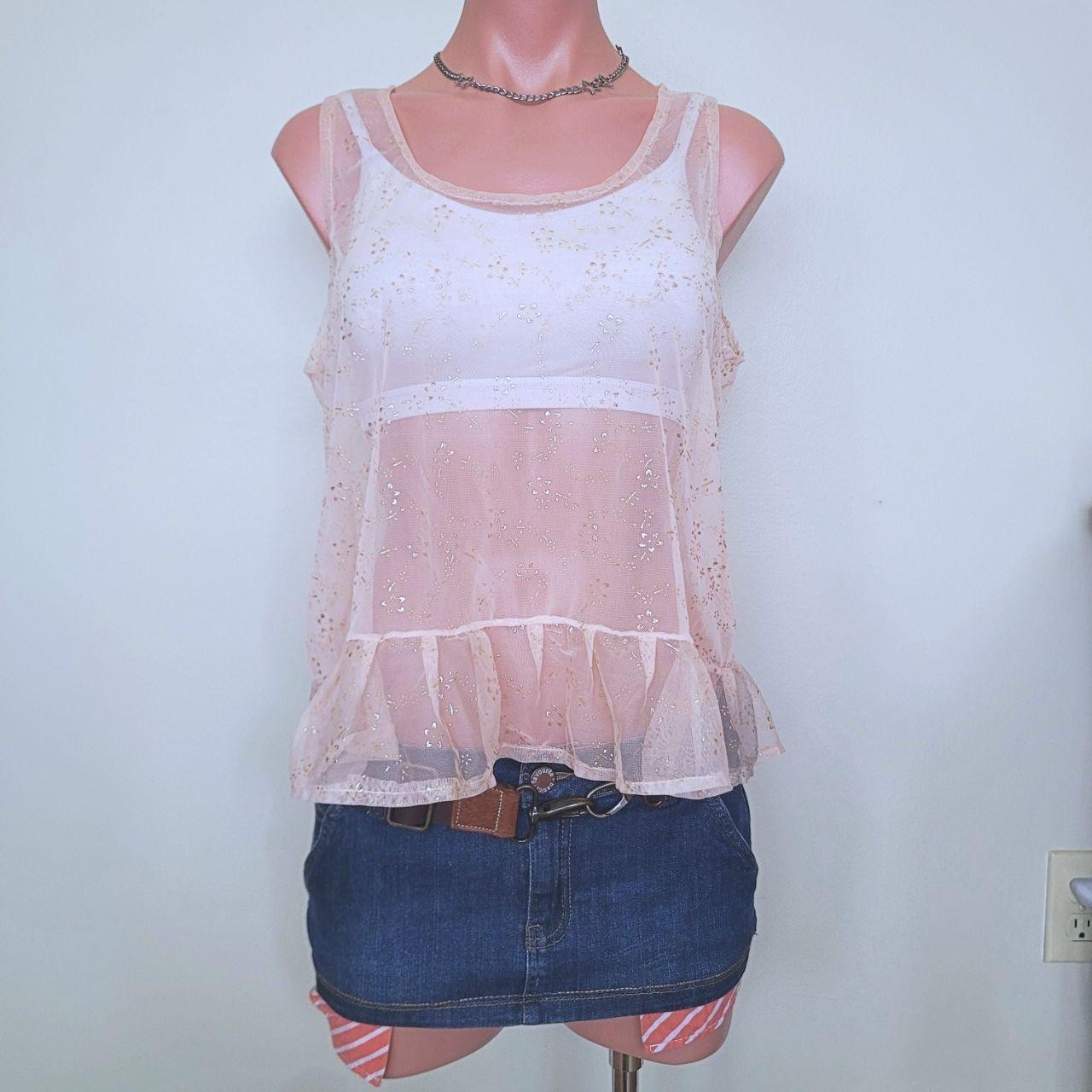 Bohemian Beige Sheer Mesh Ruffle Lace Trim Layered Tank Top (One Size)