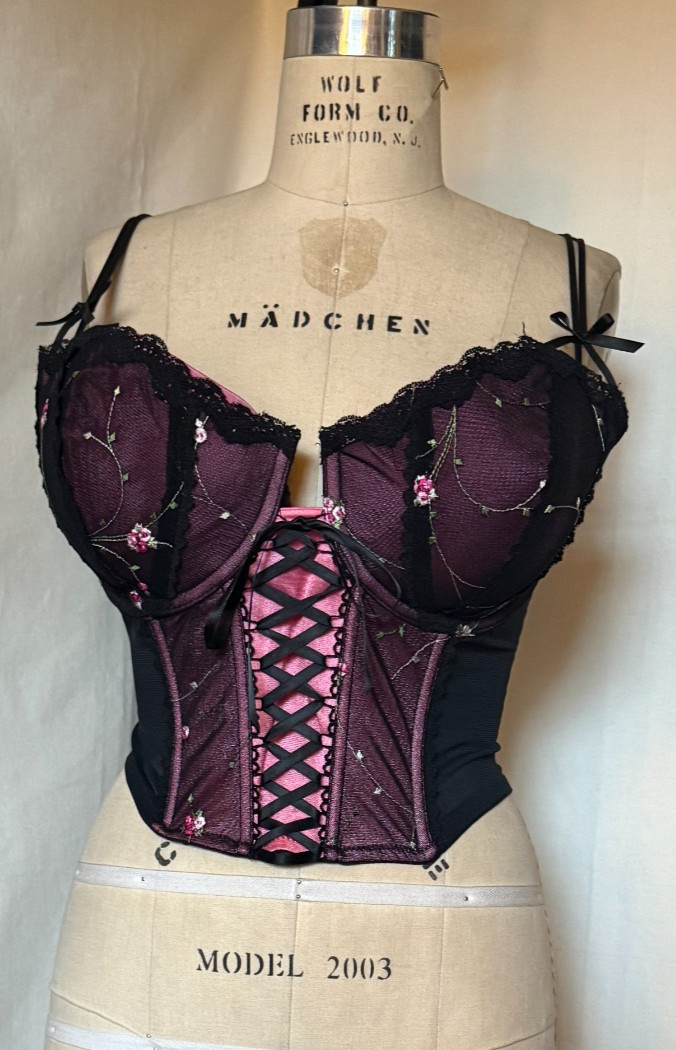 LACE FRONT CORSET BUSTIER « ENCHANTED » SHEER BLACK NYLON w EMBROIDERED CUPS 42DD