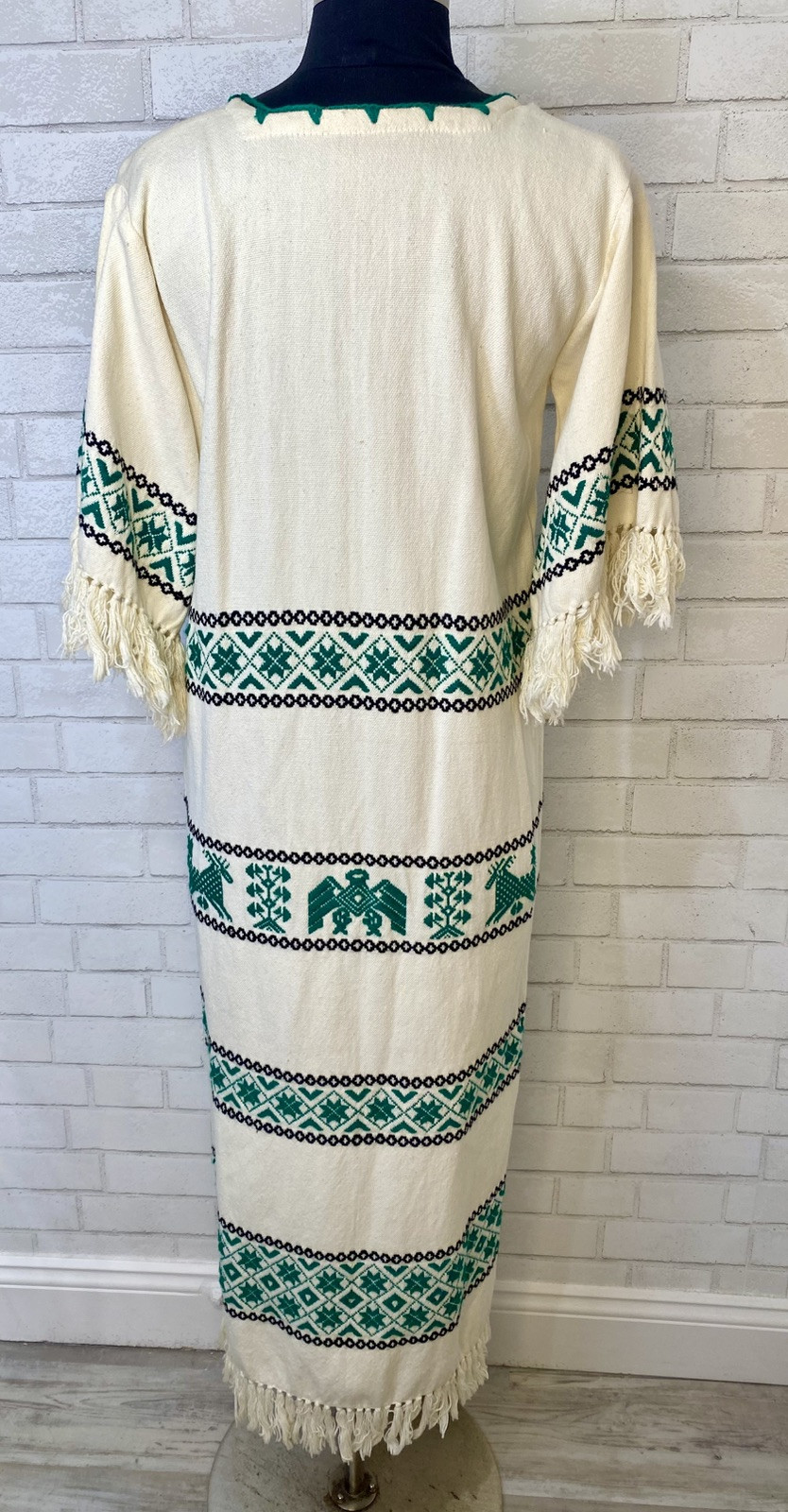 Vintage 70’s Folk Needlepoint Embroidered Fringe Kaftan Maxi Traditional Dress