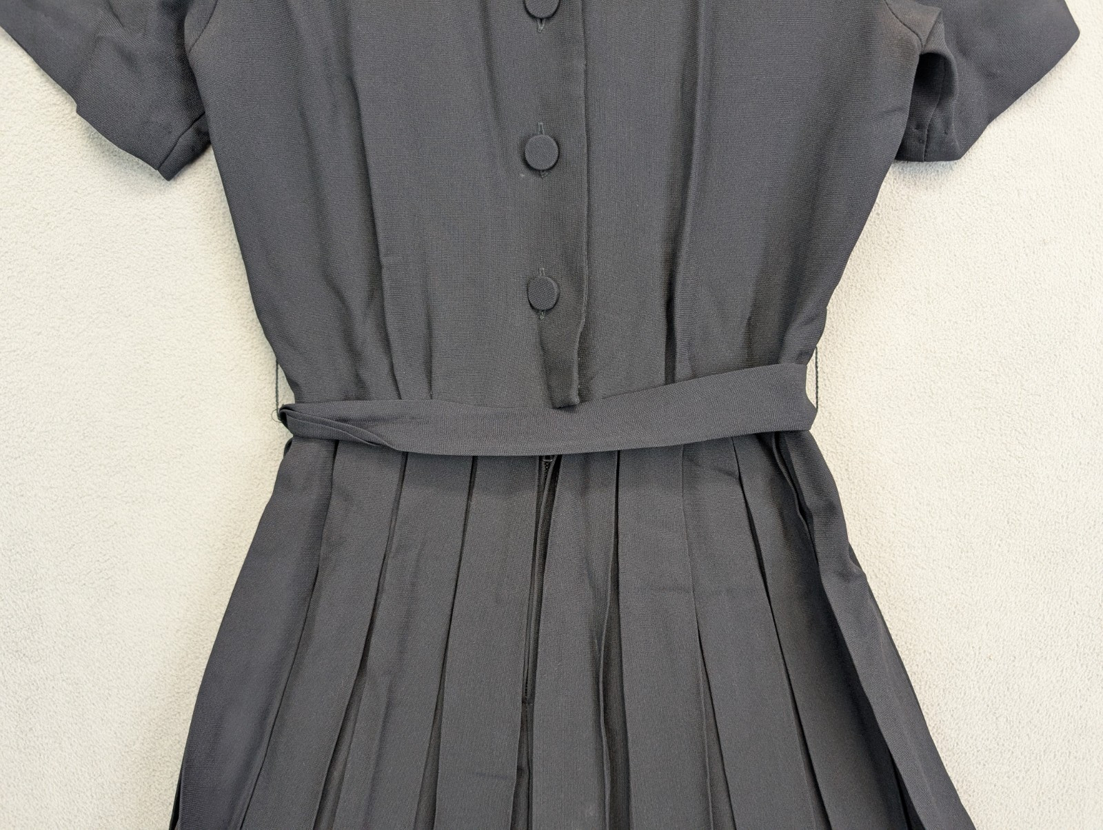Vintage 60s Classic Black Belted Dress w/ Pleated Skirt Sheer Size 6