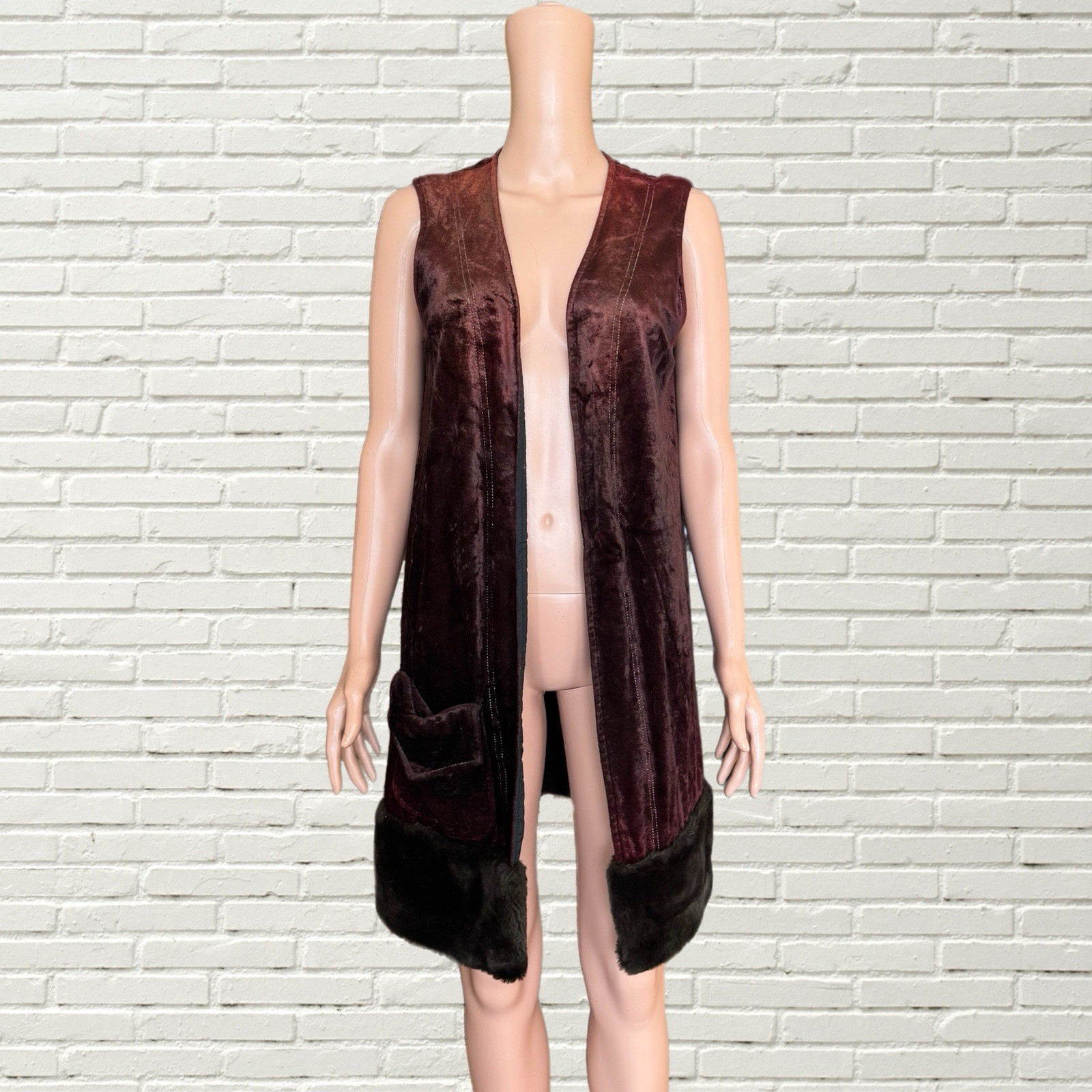 Vintage 70s Duster Vest – Ombré Velvet Fur Trim Long Vest – Hippie Glam Rock S