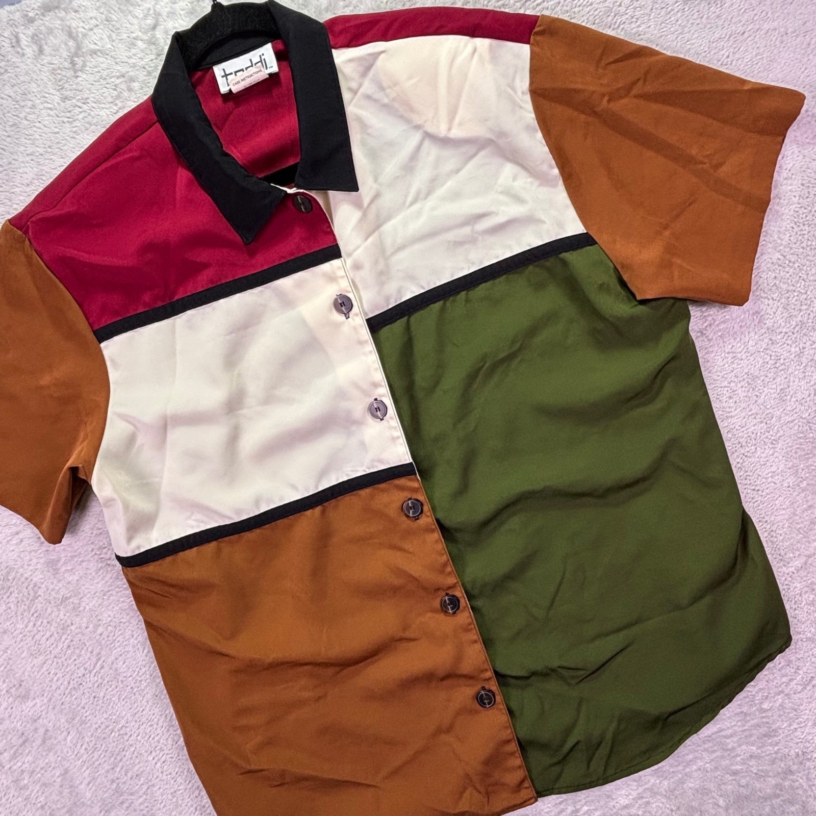 Vintage Teddi Women Shirt XL Colorblock Short Sleeve Button Up Retro Chic Artsy