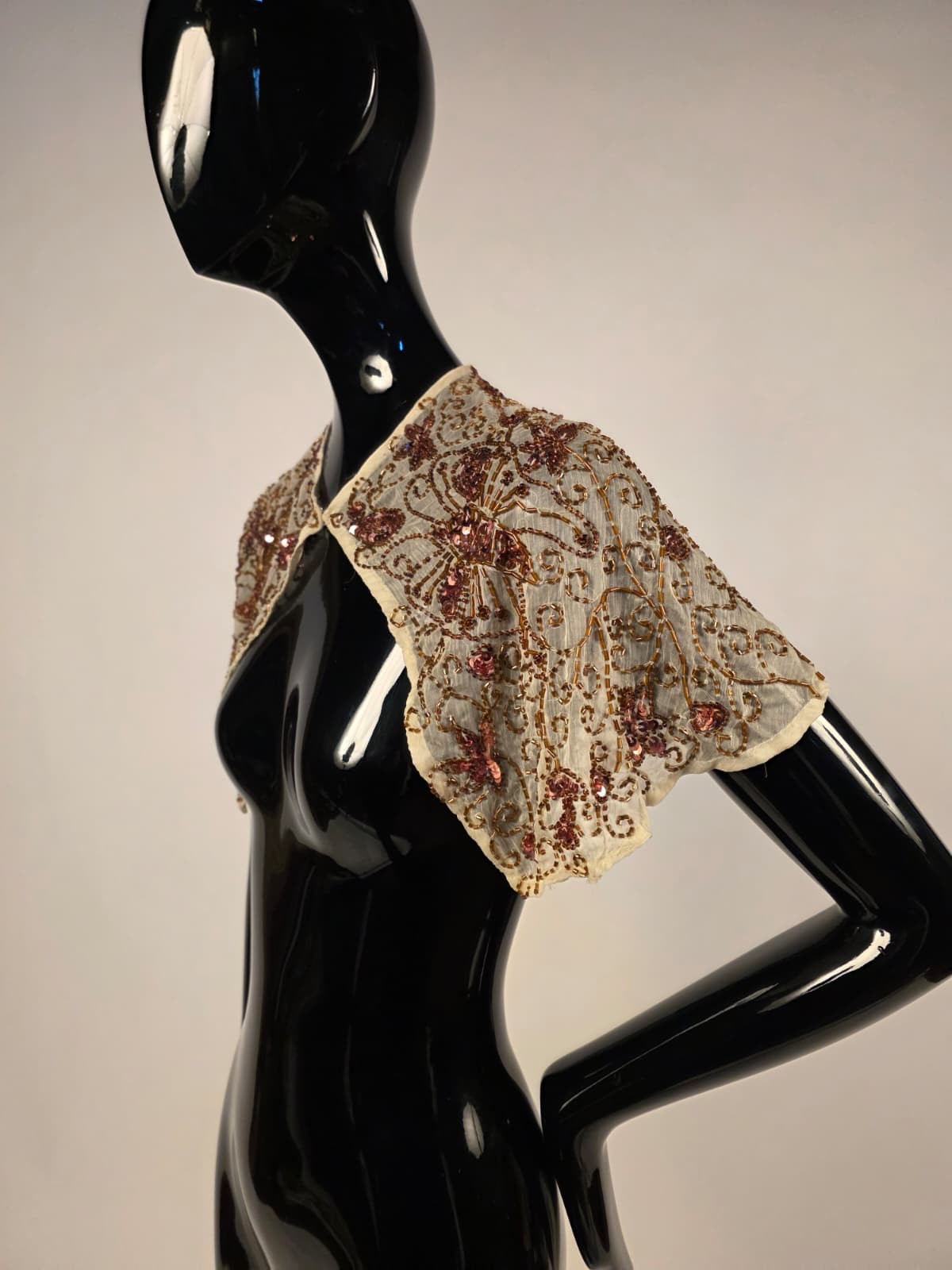 FLAPPER 1920’S GOLD BEAD + SEQUIN SILK CHIFFON CAPE FOR DRESS W BUTTERFLY