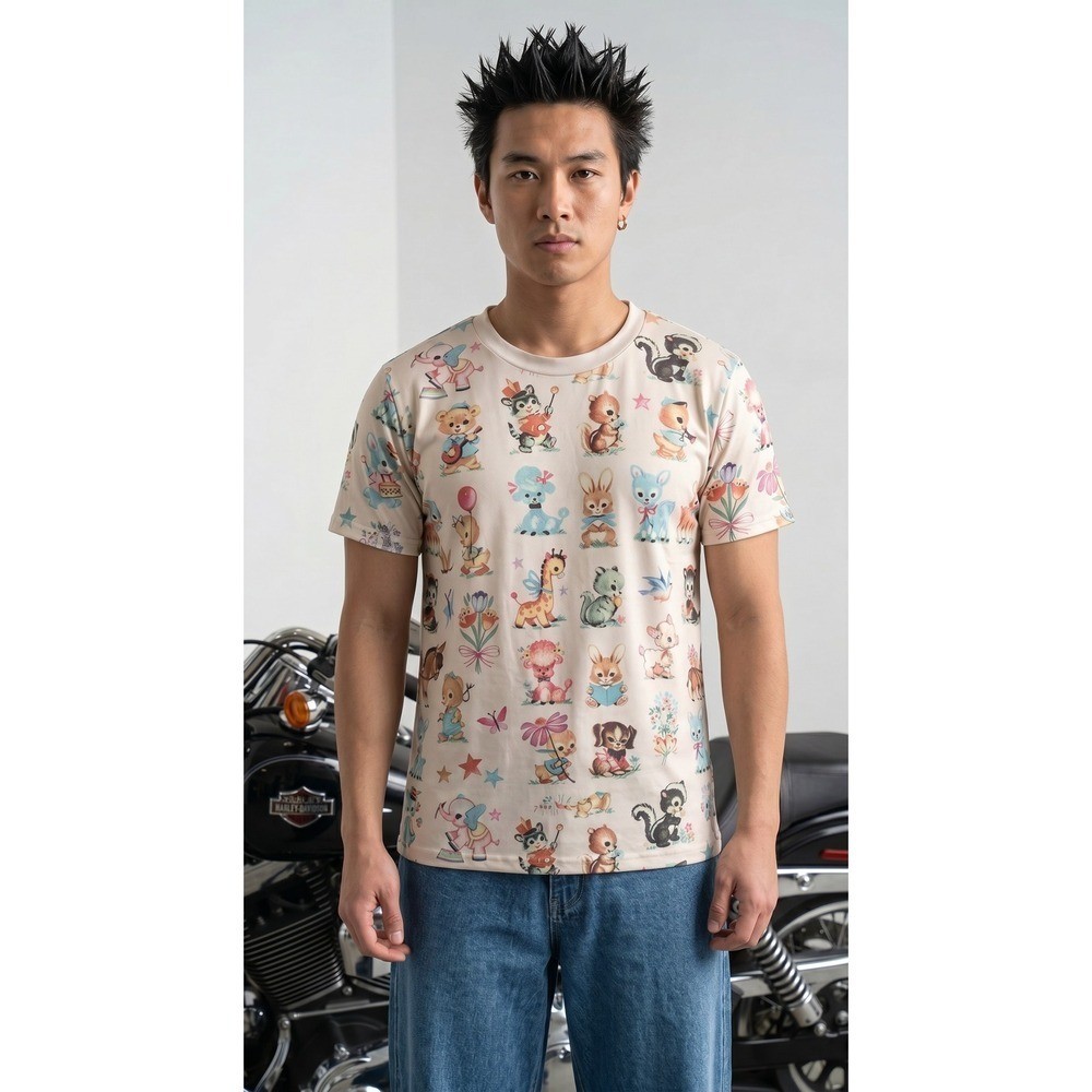 Retro Kitschy Nursery Animal T-Shirt XL Retro Kawaii Top Indie Whimsy AOP