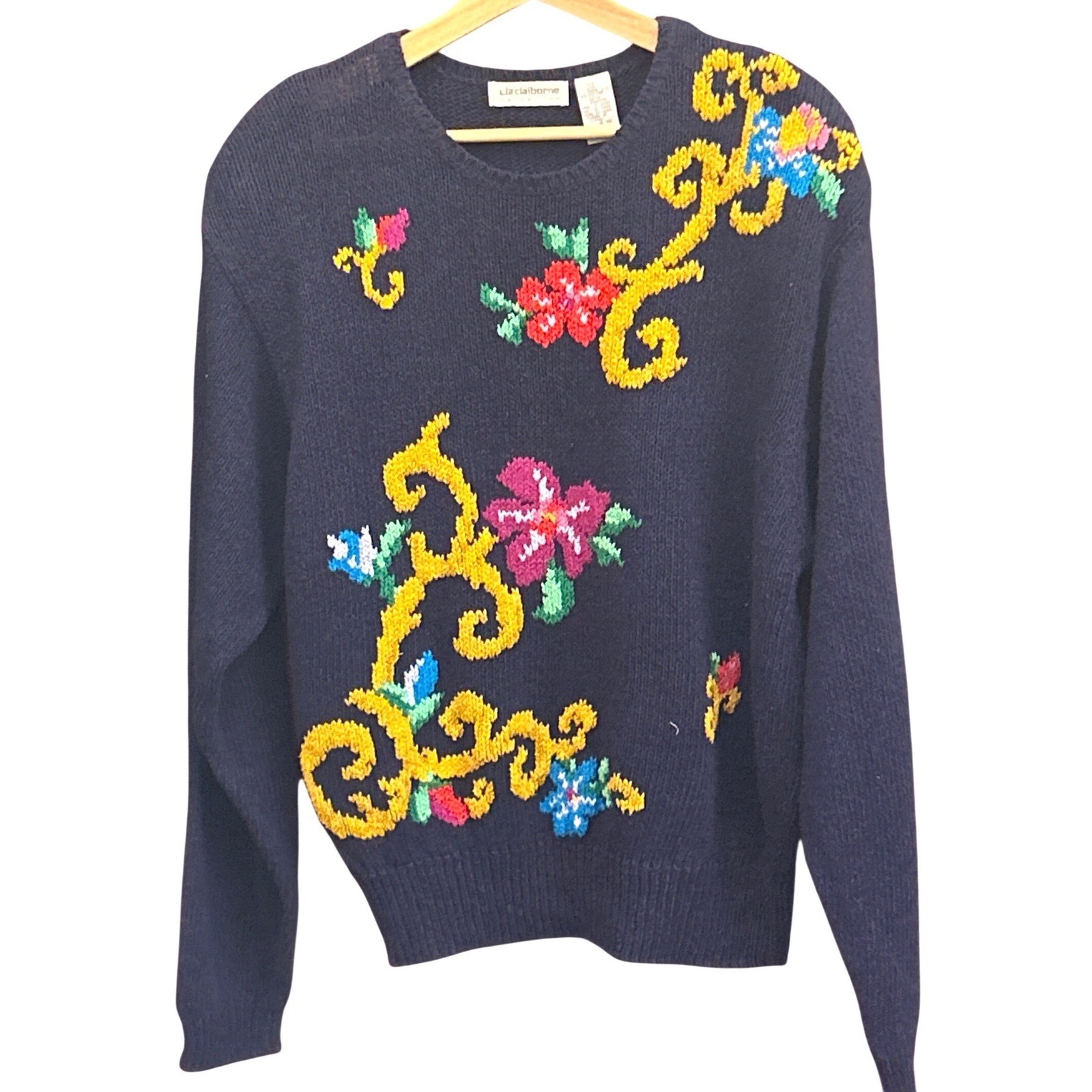 90s Liz Claiborne Sweater Grandmacore Cottagecore Floral Silk Cotton Navy Blue L