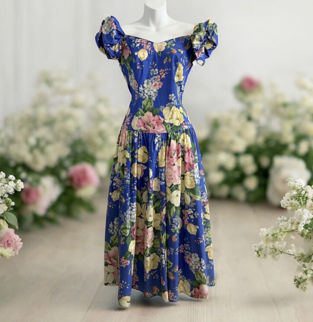 Vintage CAROL ANDERSON Dress 5/6 Cottage Floral Off-Shoulder Midi Babydoll