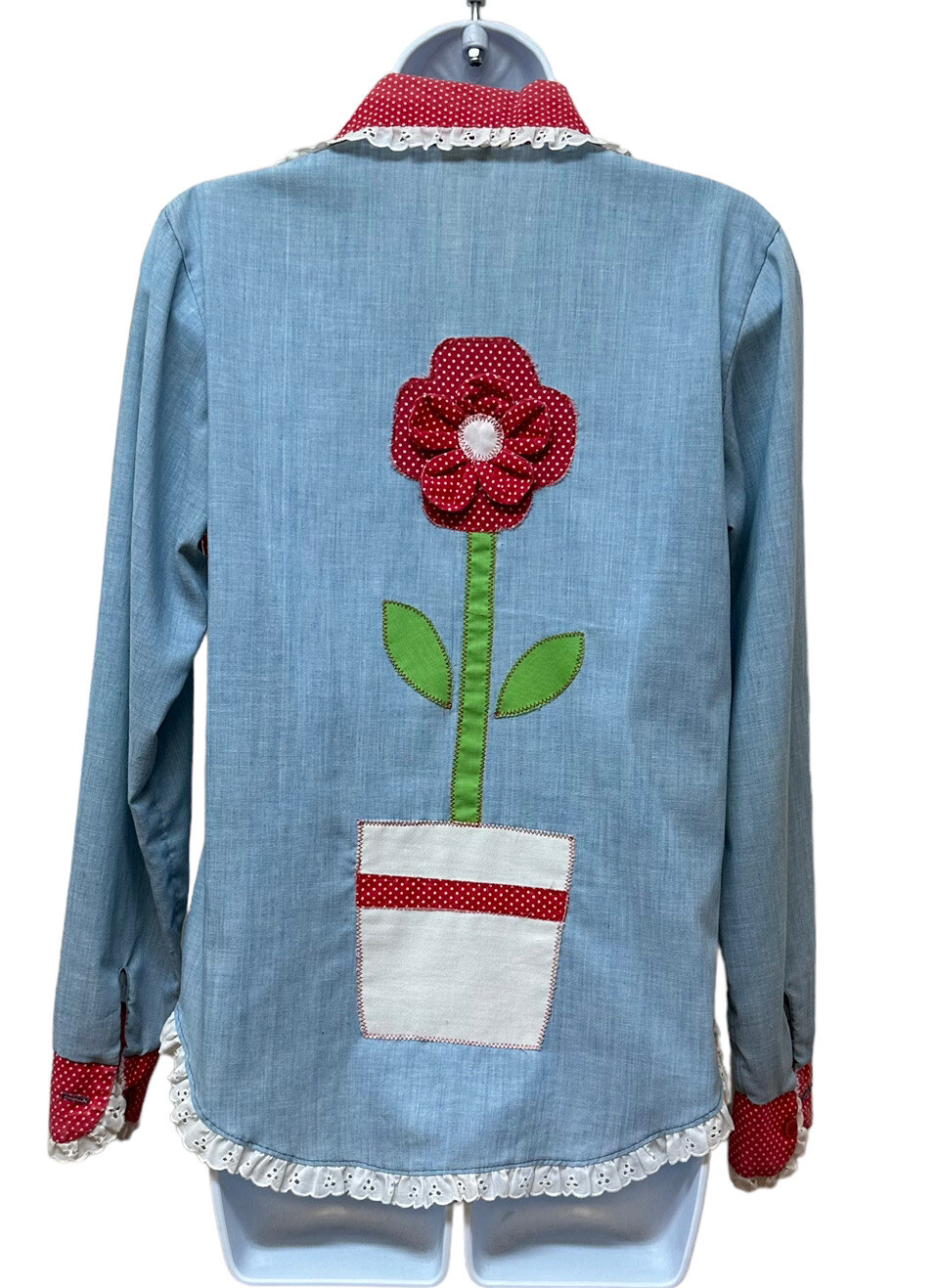 Vintage Eyelet Ruffle Patchwork Hippie Chambray Blouse Shirt Top Kitschy Flower