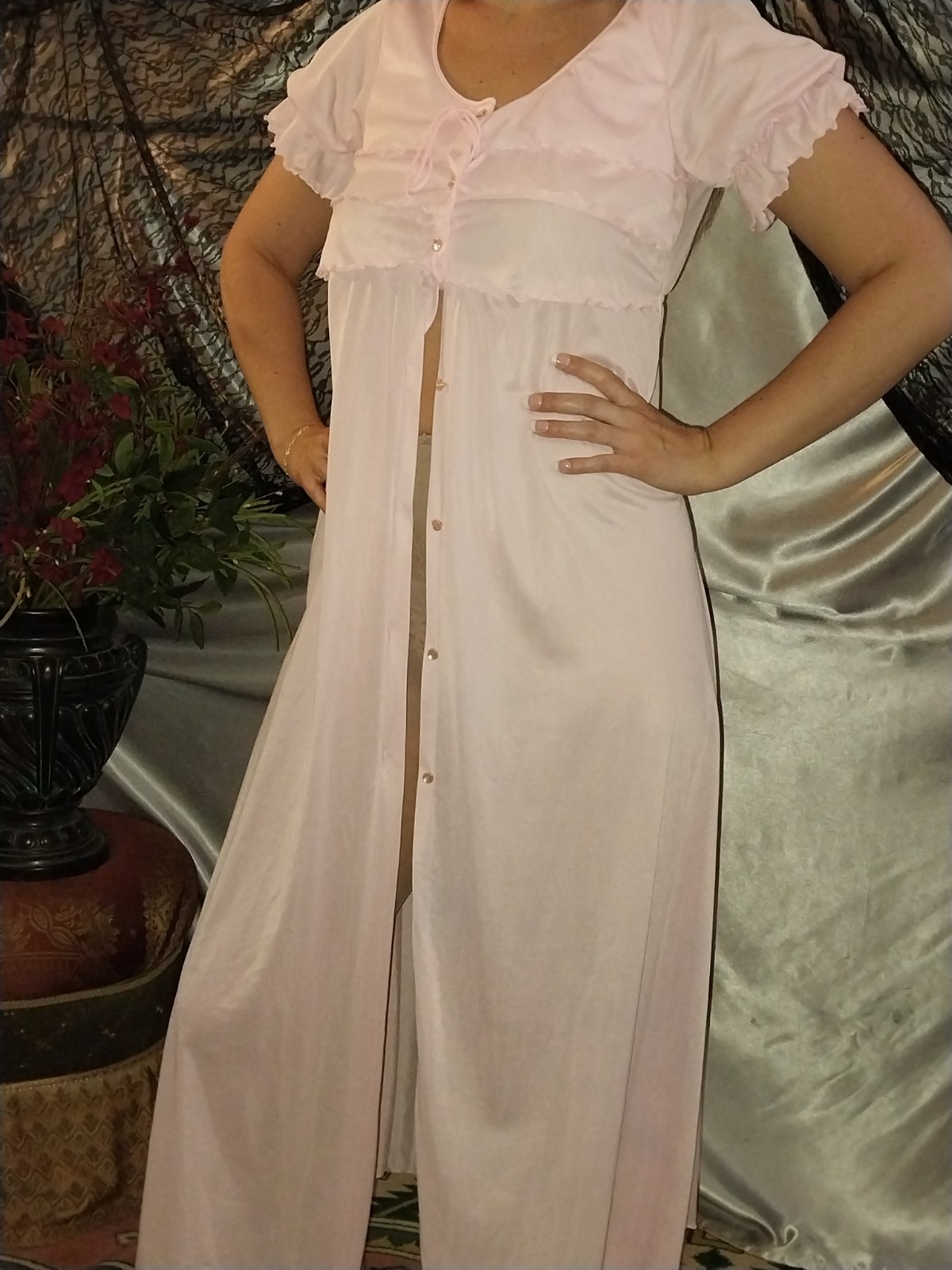 VTG Silky Nylon Pink Sissy Layer Ruffles Sleep nightie robe LONG 50S P/S 36&Prime; NEW