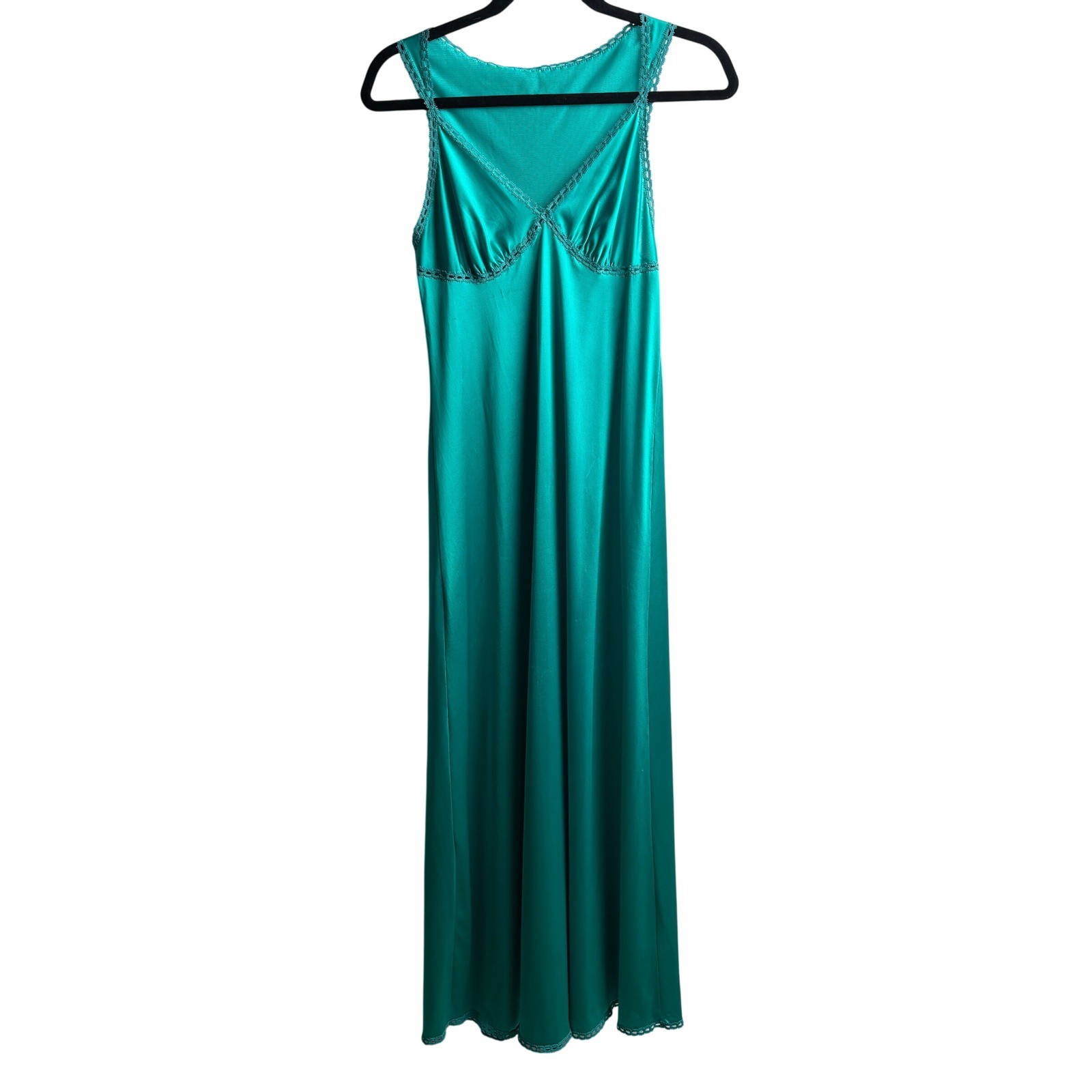 VTG Vanity Fair Teal Green Nylon Lace Trim Maxi Slip Dress 32 USA Mermaid Core