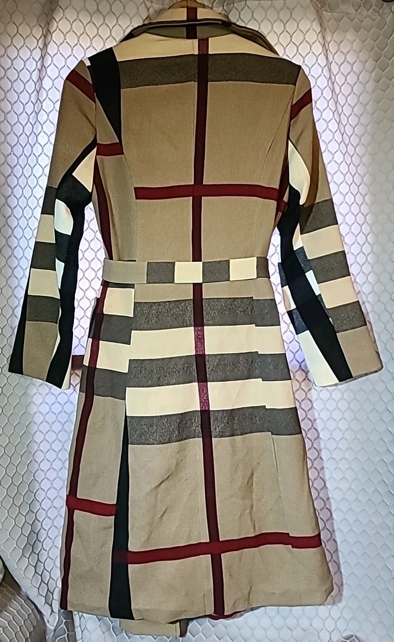Vintage Allaiyou Classic Plaid Trench Overcoat Women L Belted London Look Rayon