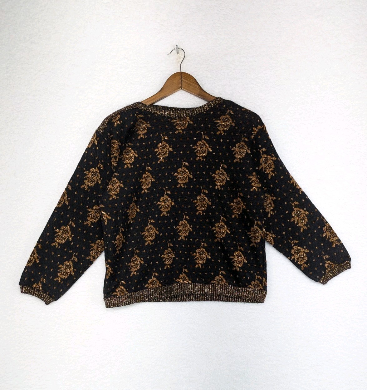 Vintage Allura Black Gold Flower Lurex Sparkle Acrylic Sweater USA M (10/12)
