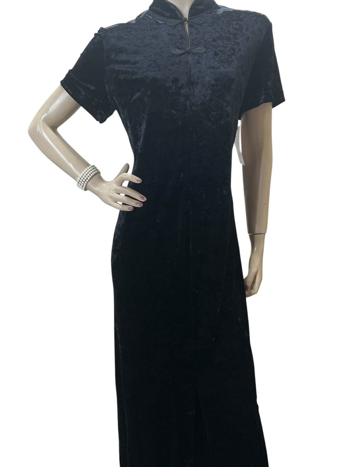 NOS Vtg 90s Sz 14 XL/L Maxi Dress Black Velvet Cheongsam Long Robbie Bee