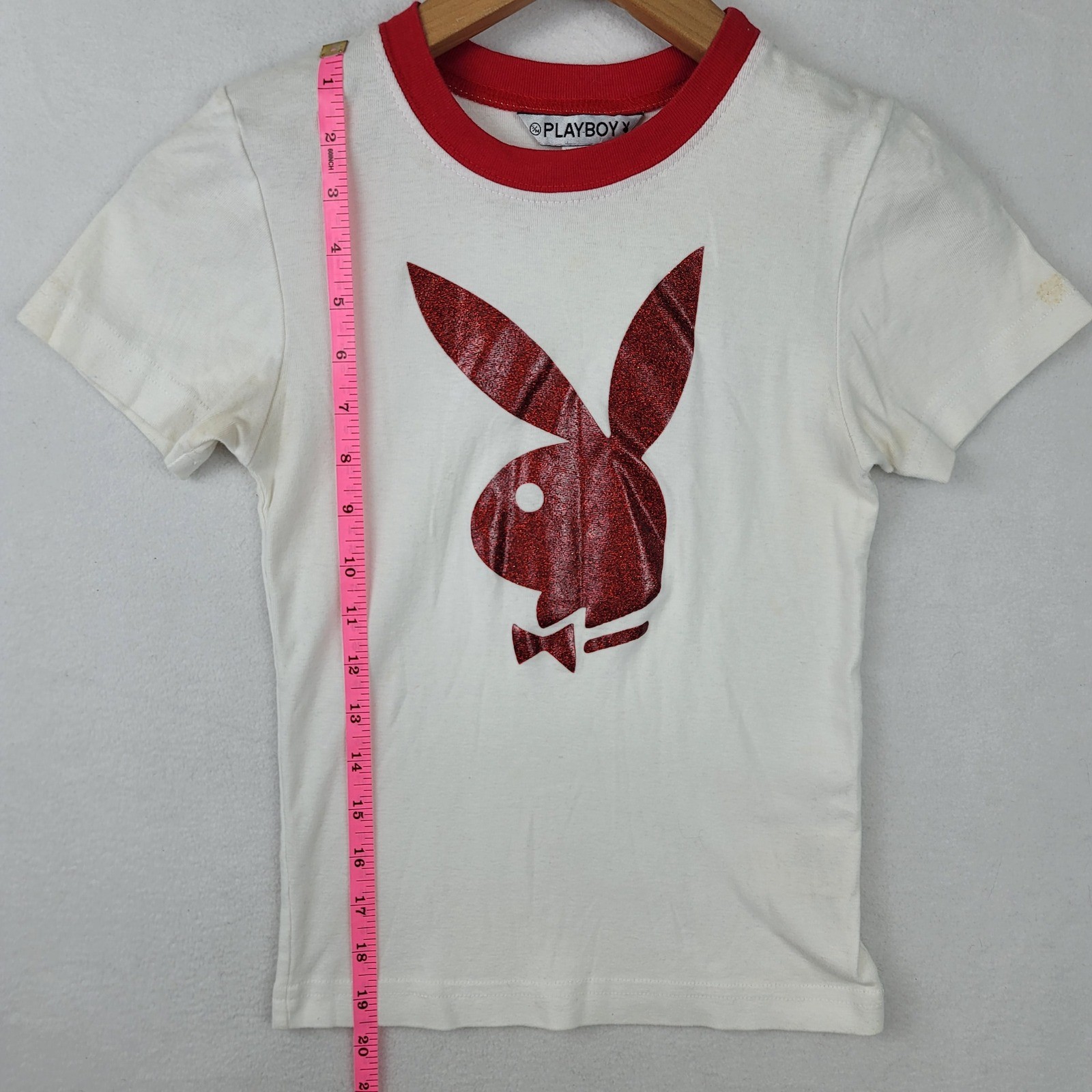 Vintage Playboy Women White Red Ringer T-Shirt Glitter Bunny Logo 25-347 Small