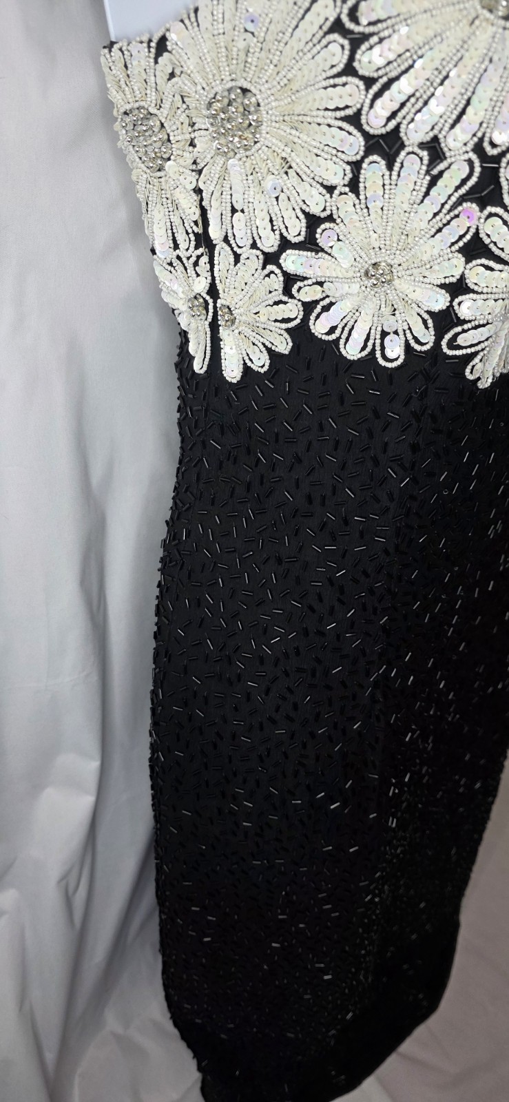 VTG Frank Usher Heavy Beaded & Sequinned 100% Silk Dress Size S 80s 90s Floral