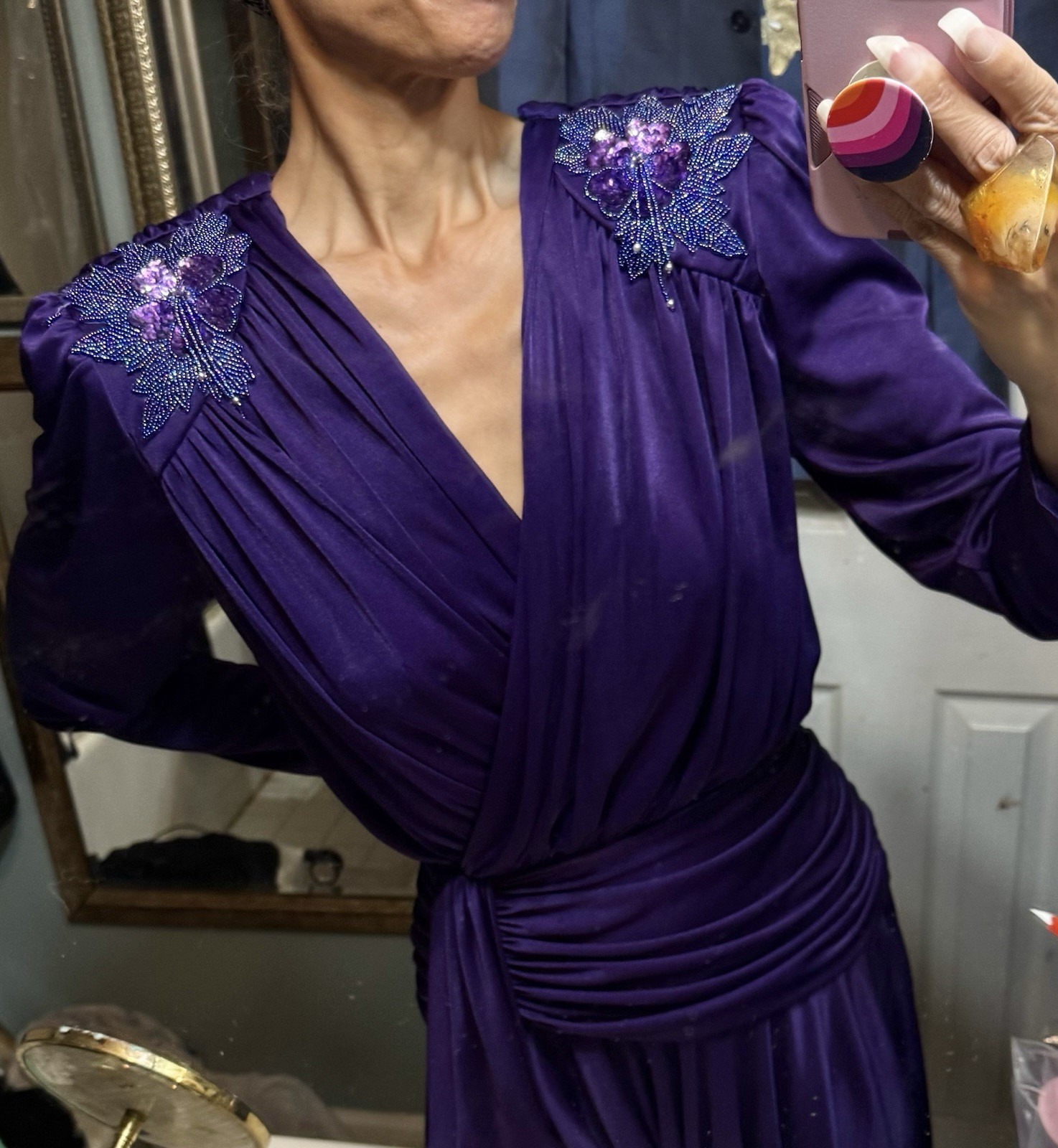 Vtg Abby Kent Purple Jersey Draped Goddess Disco Sequined Plunge Grecian 80s S/M