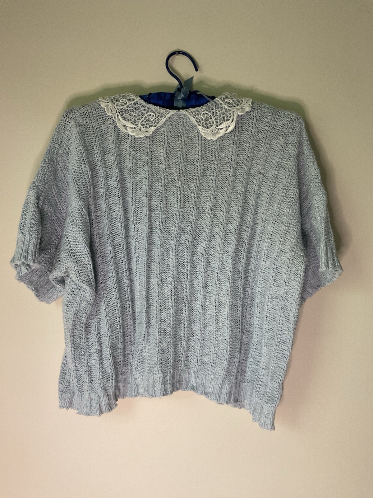 VTG Pandora Button Up Cardigan Sweater Lace Collar Boxy Square Knobby Knit Wobby
