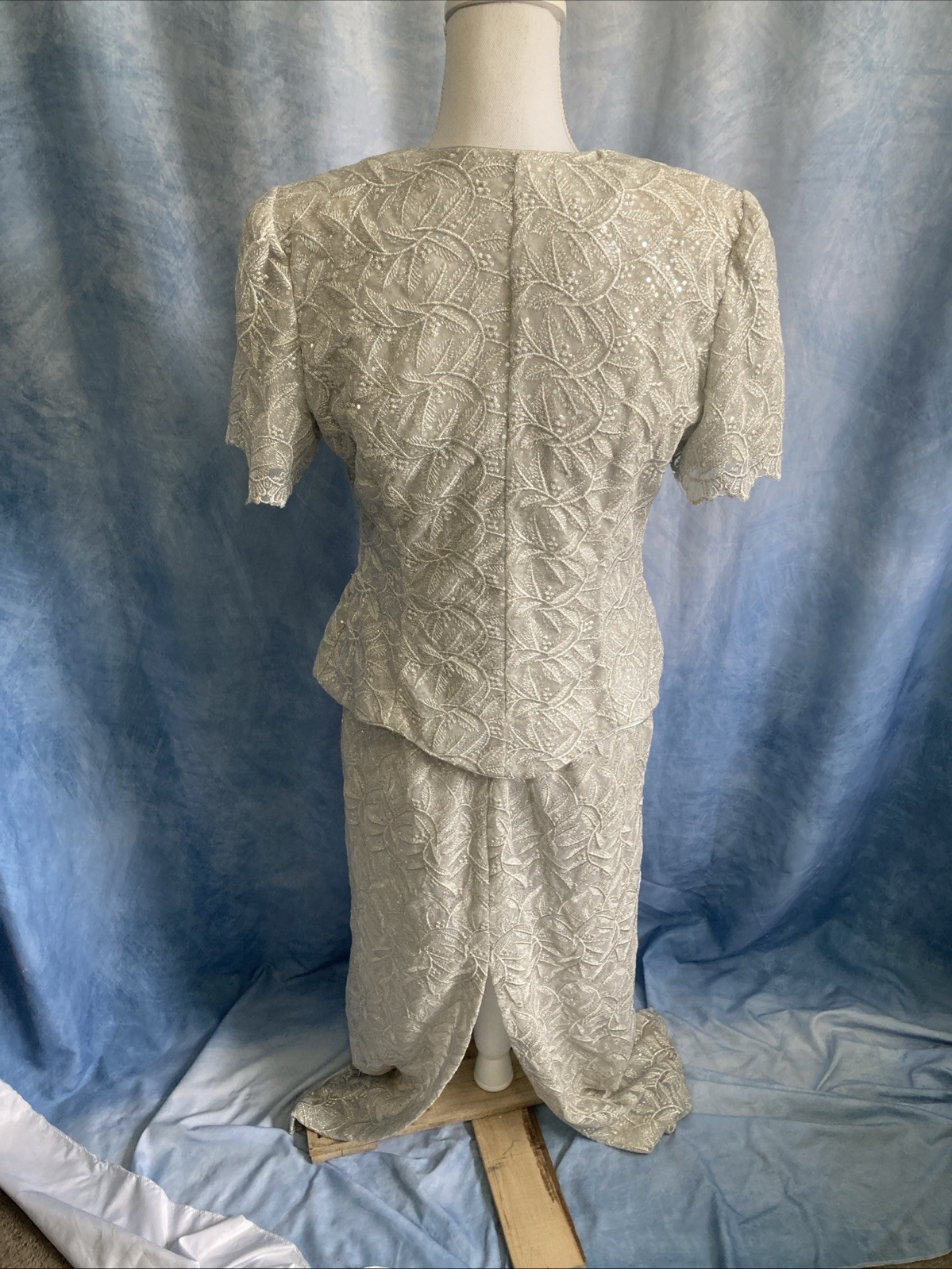 VTG 80s ASPEED USA Silver Lace Dress Jacket Set 2pc Formal Gown Prom Wedding Med