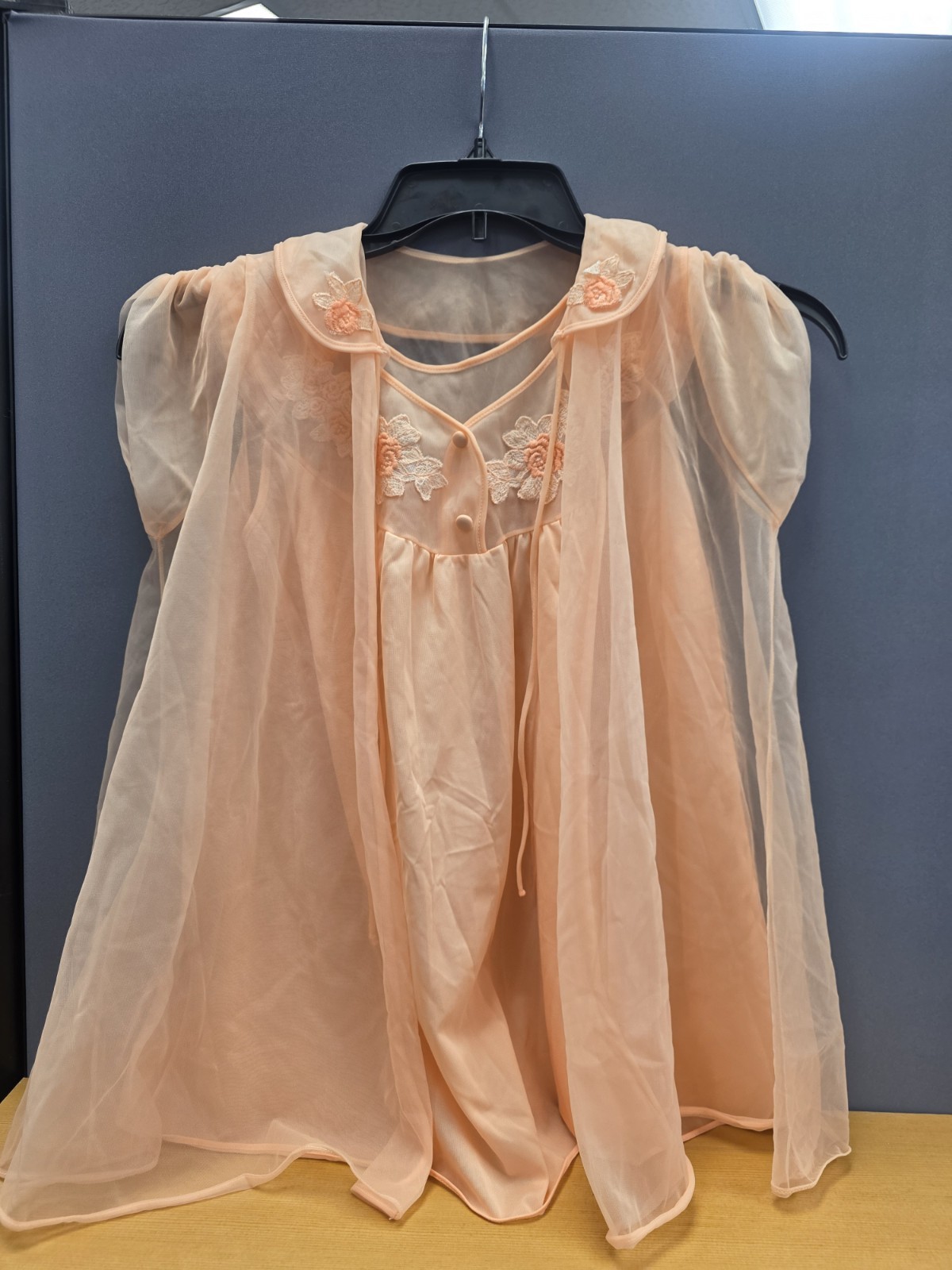 Vtg Babydoll Peignoir Set Peach Pandora Lingerie Robe Chiffon Sheer 100% Nylon