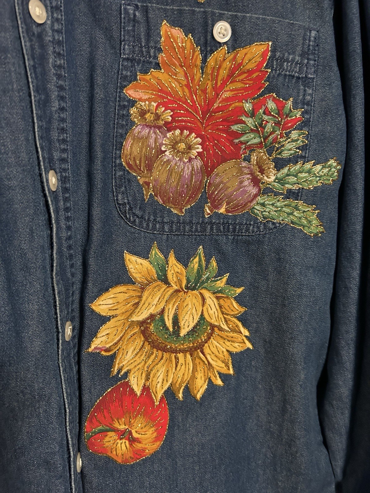 Rustler Handpainted Floral Denim Jean Shirt Fall Harvest Women’s Medium