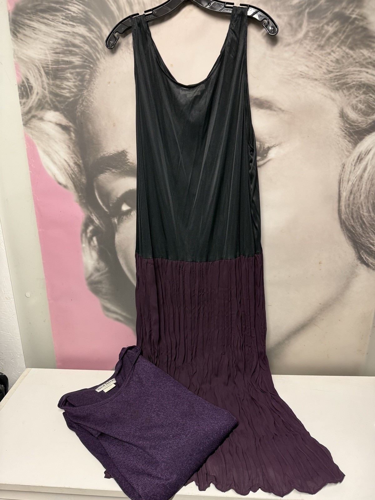 Sharon Anthony Vintage Two Piece Set Purple Sweater Crinkle Long Dress Skirt 22W
