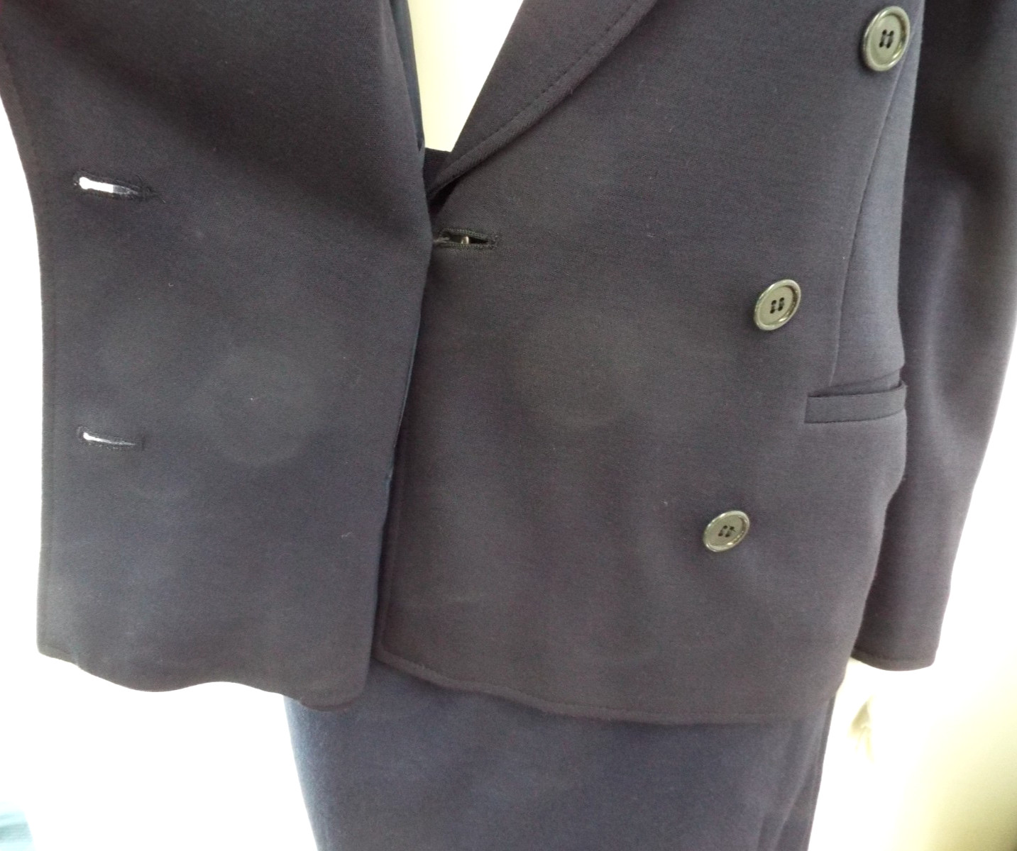 Vintage Giorgio Armani Navy Blue Wool Skirt Suit Double Breasted Blazer 44 Italy