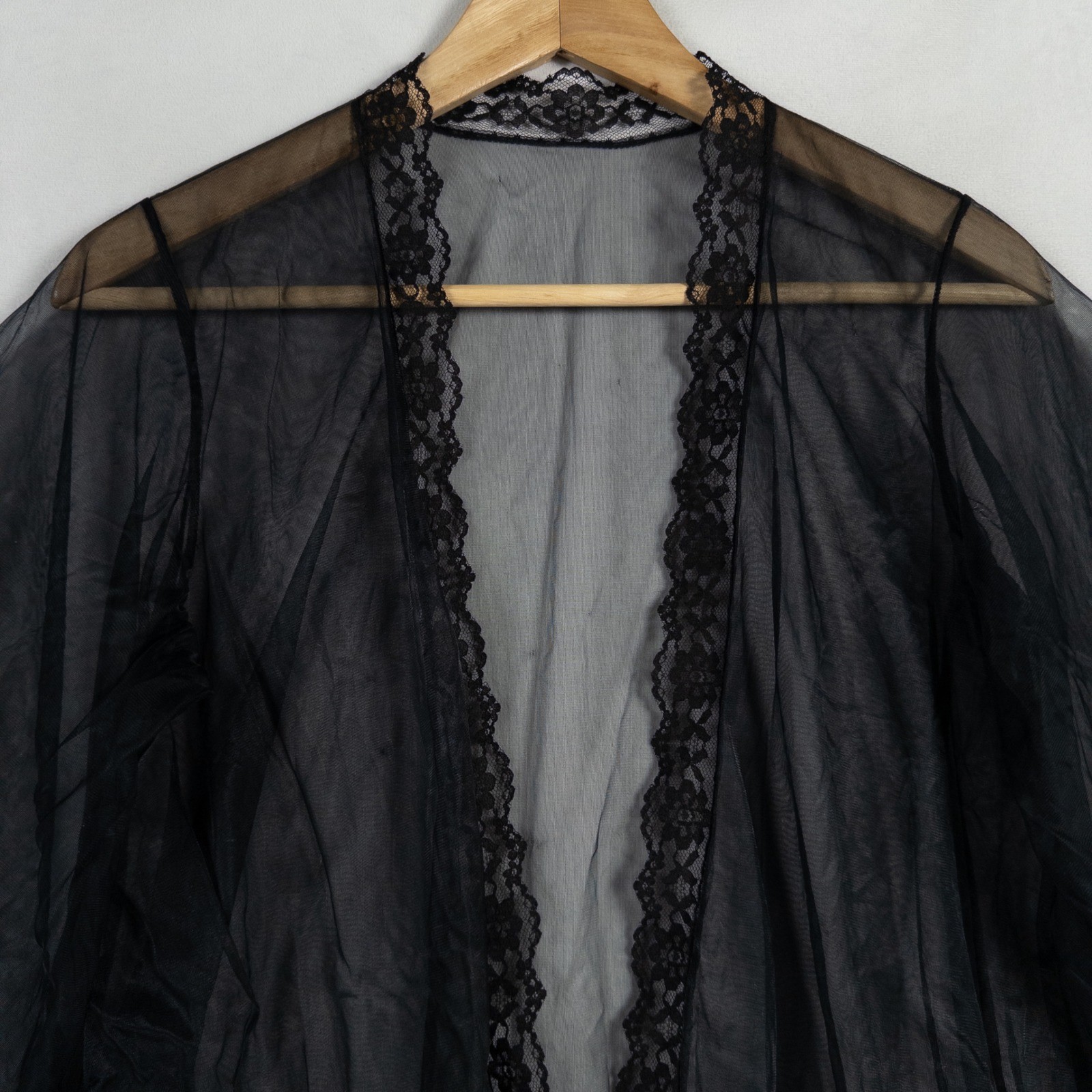 Vintage Made In California Lingerie Topper Kimono Sz Small Black Sheer Lace Trim