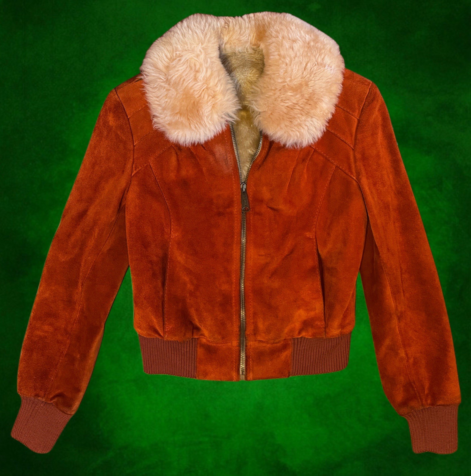 Vintage 70s Rust Suede Bomber Jacket Uruguay Wool Collar Womens XS/S Cropped