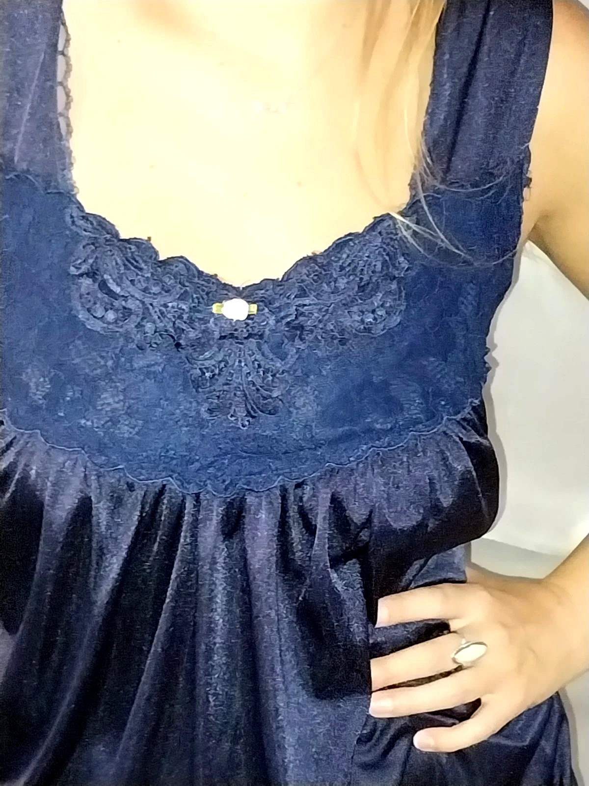 VTG SILKY LUX NYLON LACY BODICE NIGHTGOWN GOWN FREEBUST BLUE 56&Prime; 3X COTTAGE