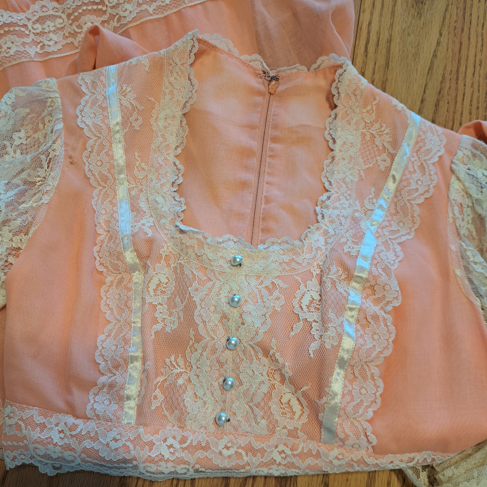 Vtg 70s Peach Chiffon Lace Prairie Granny Victorian Prom Maxi Gown Sz 7/8 Flaws