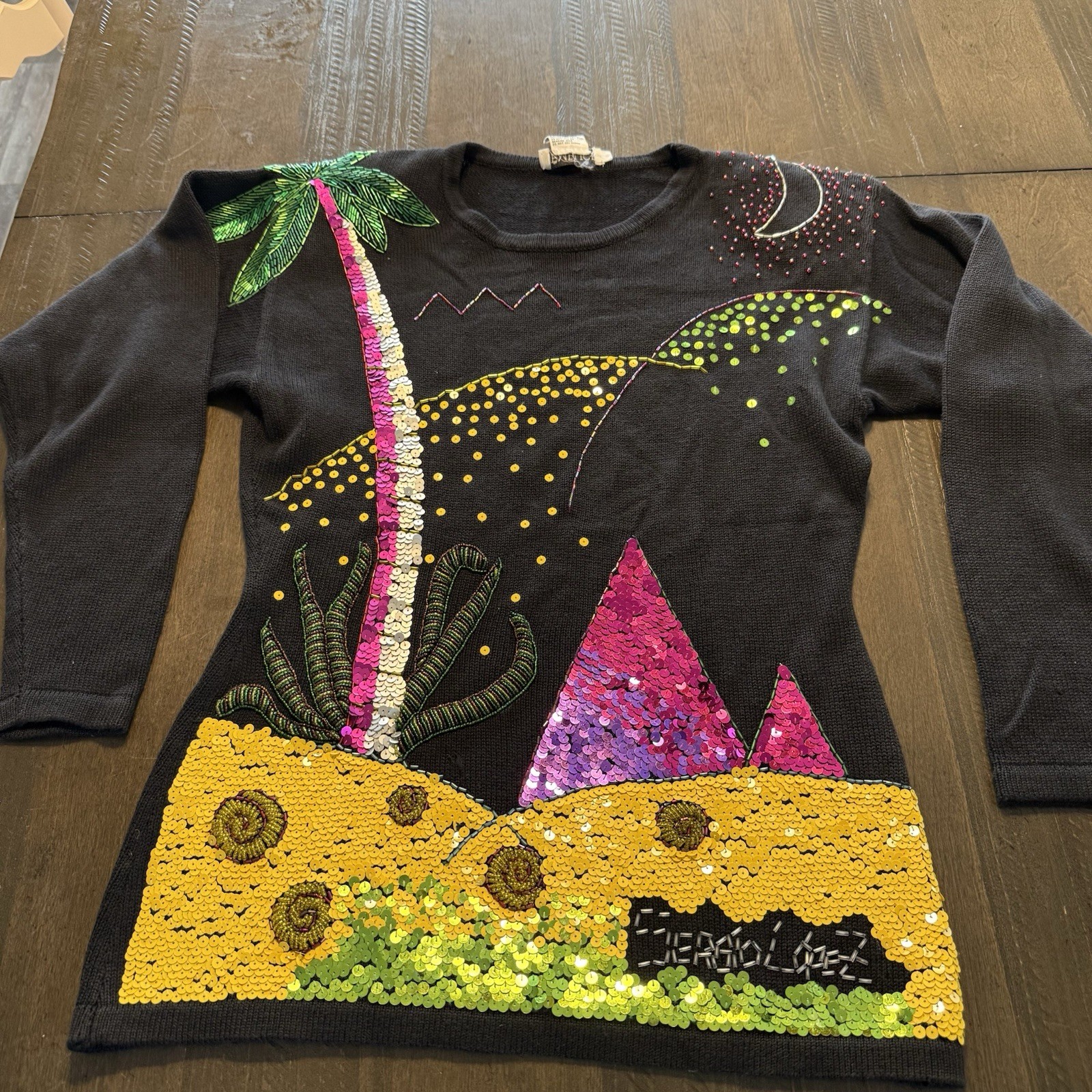 VTG Semplice Sequin Palm Tree Sweater M Black Pop Art Shoulder Pads Beach