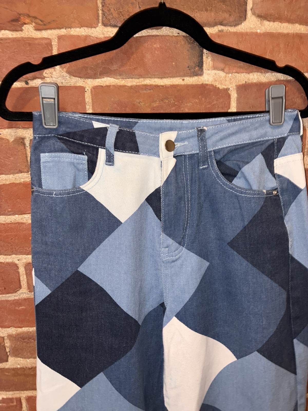 Blue White Diamond Pattern Wide Leg Jeans