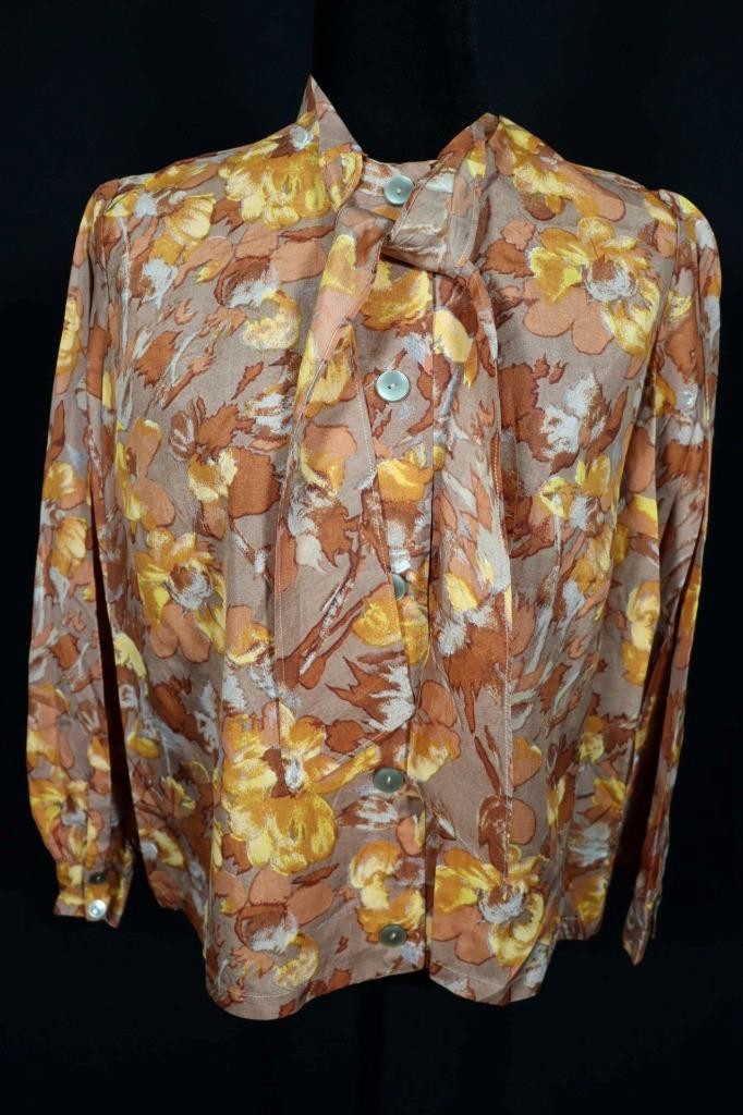 Vintage 1960&rsquo;s-1970&rsquo;s French Rayon Golden Fall Floral Print Blouse Size 18