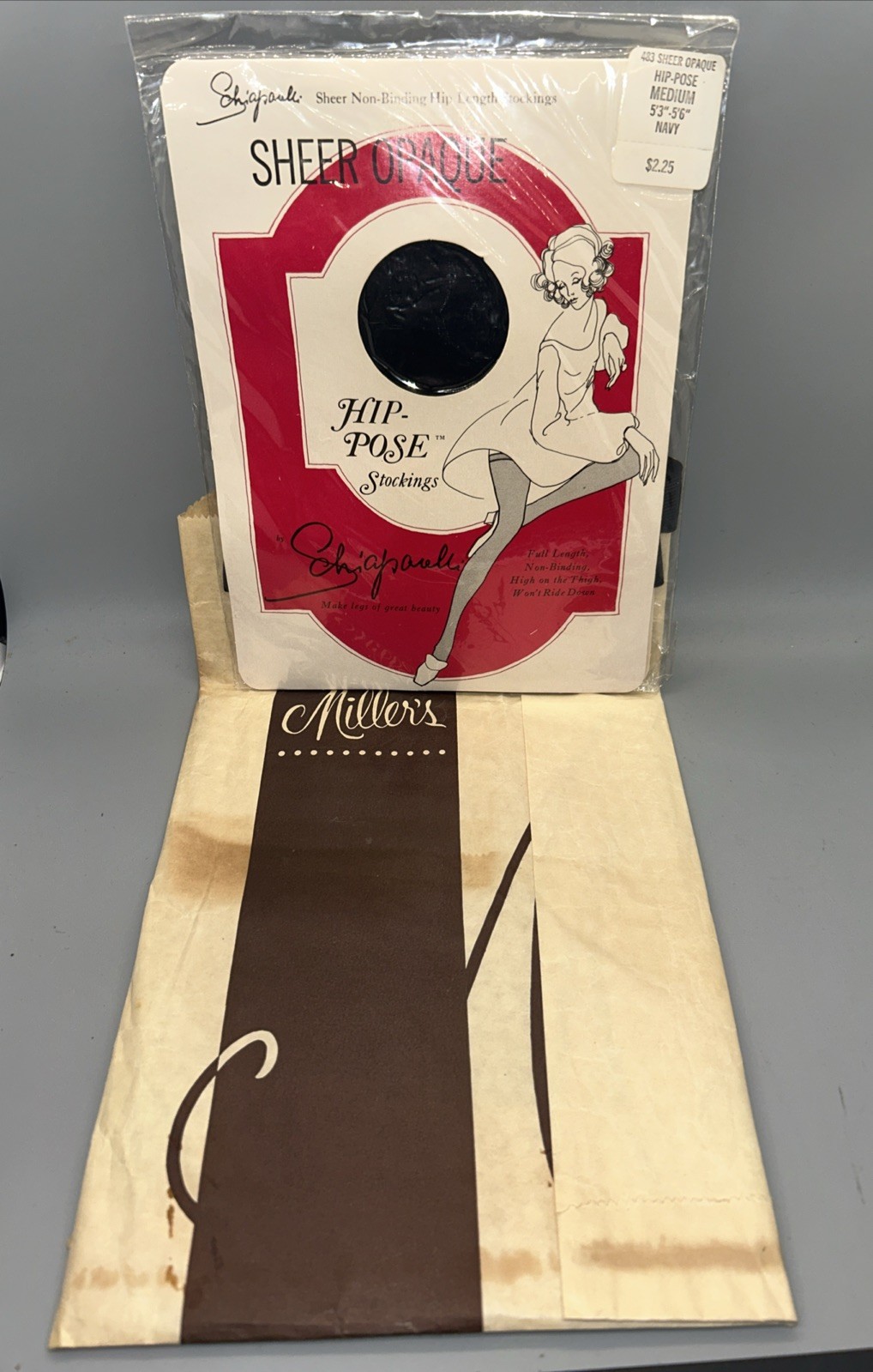 Vintage Schiaparelli Hip Pose Sheer Opaque Stockings 483 Medium Navy New