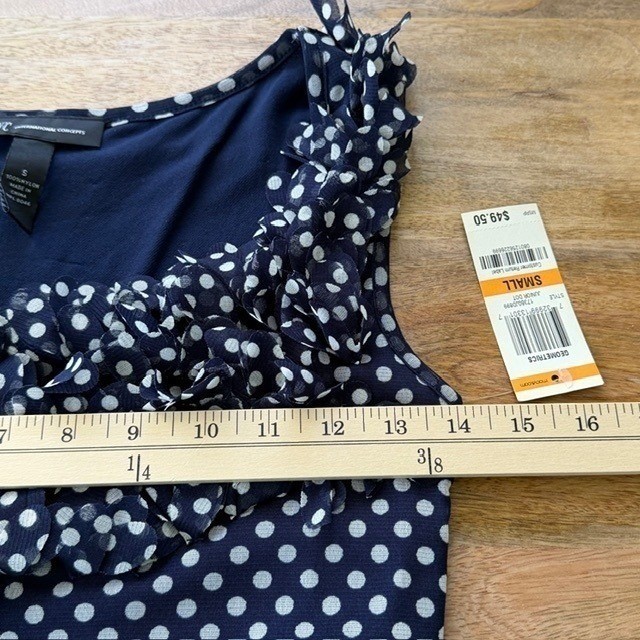 Vtg INC Polka Dot 2Pc Tank & Tiered Mini Skirt Navy Blue Ivory Ruffle Mesh S/M
