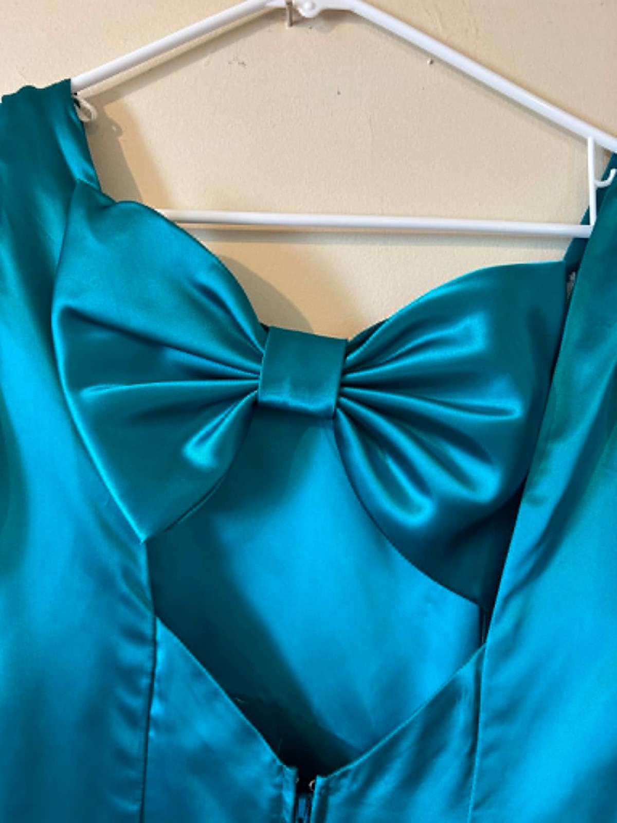 Vtg 80s Teal Acetate Liquid Satin Prom Dress Open Back Bow Puff Sleeve USA Sz 12