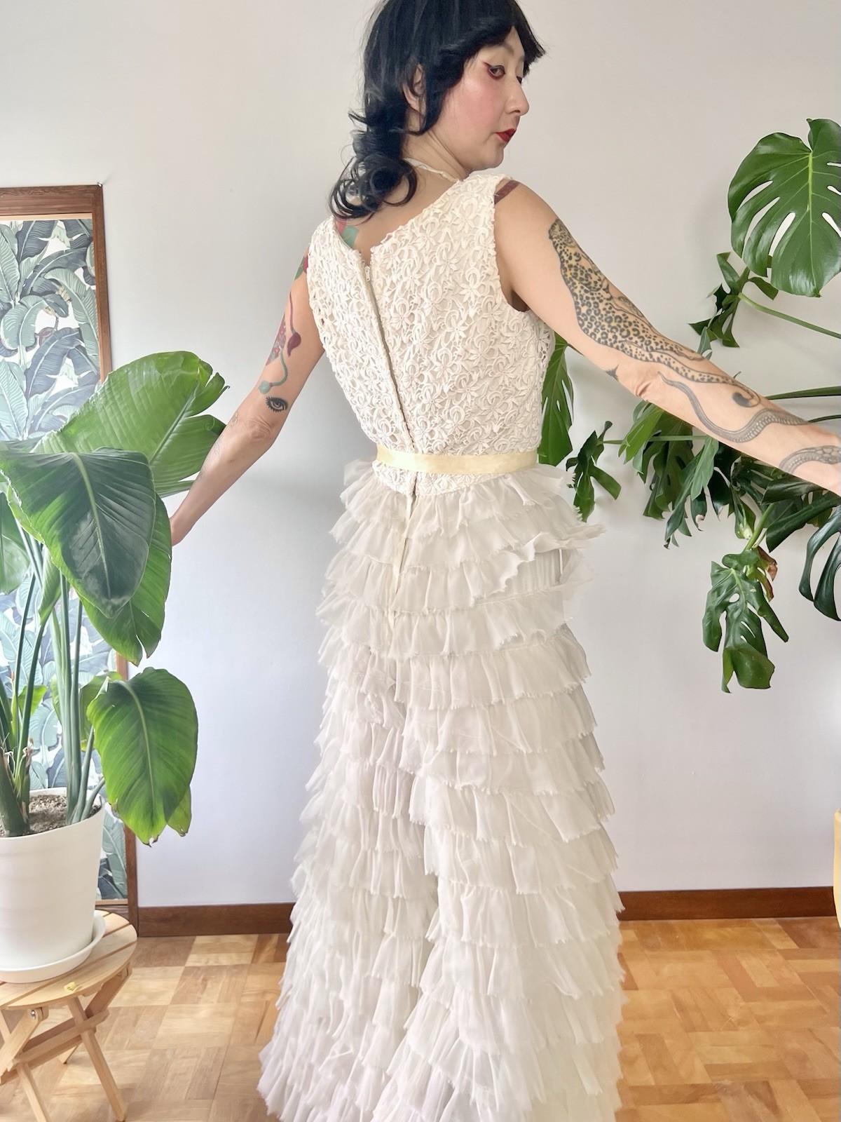 VTG 60s Kadine Lace Palazzo Jumpsuit White Tiered Chiffon Ruffle Mod Bridal S