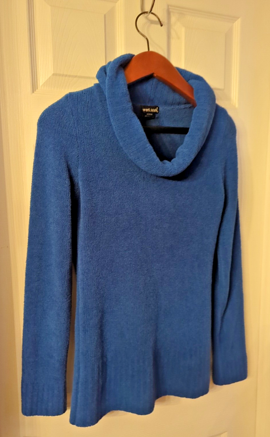 Vtg Authentic 1990s Wet Seal Electric Blue Soft Long Sleeve Cowl Neck Medium