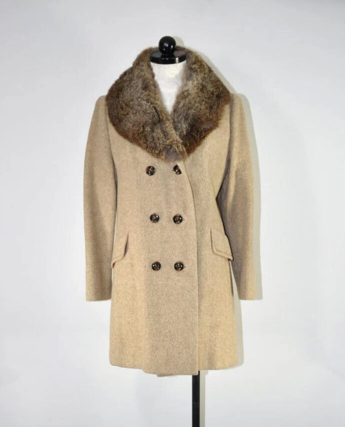 60s Vintage Beige Wool Tweed Brown Rabbit Fur Collar Slim Peacoat Jacket Women M