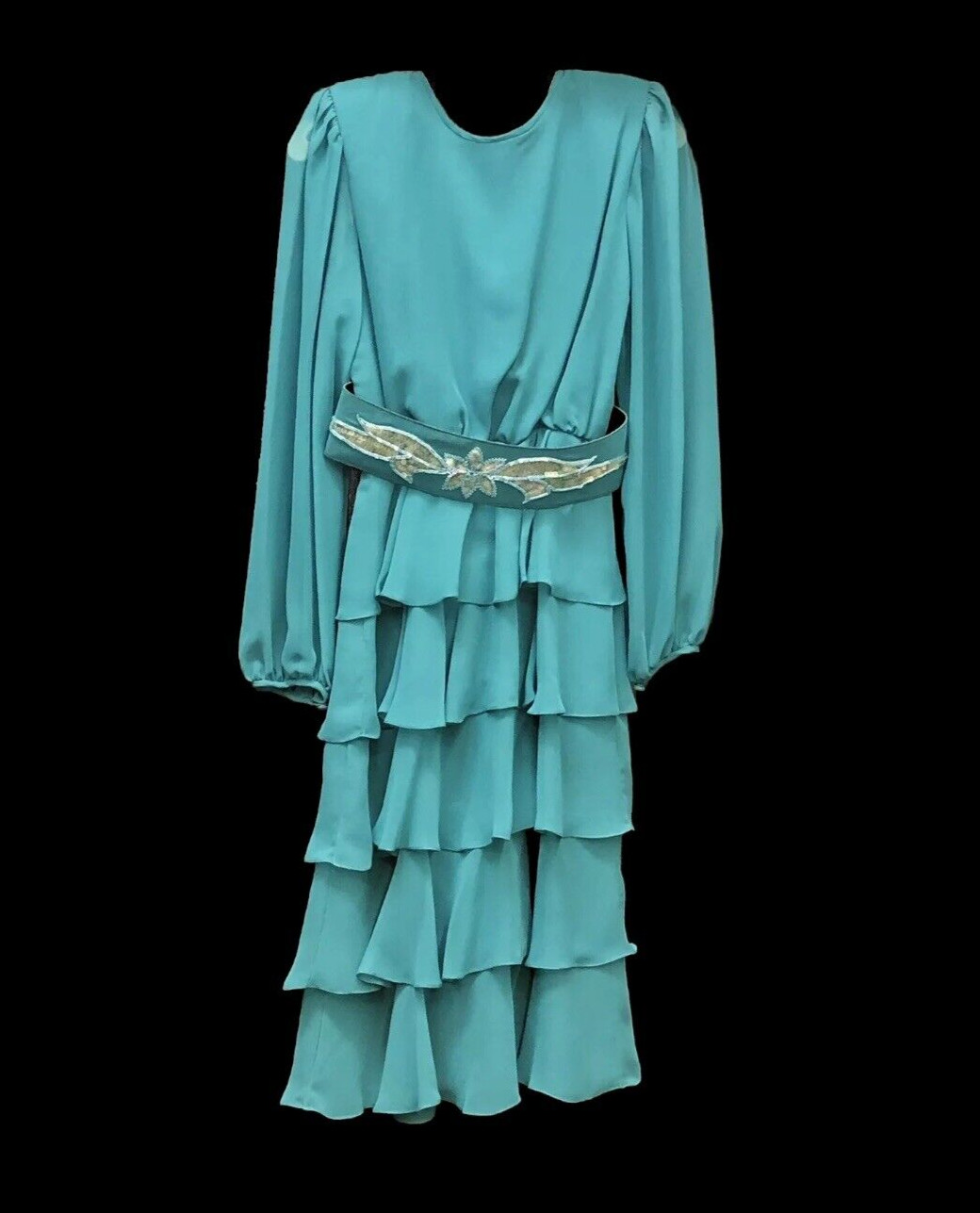 Vtg 1993 Miss Elliette Tiered Chiffon Midi-Length Dress Teal Size 6 Golden Girls