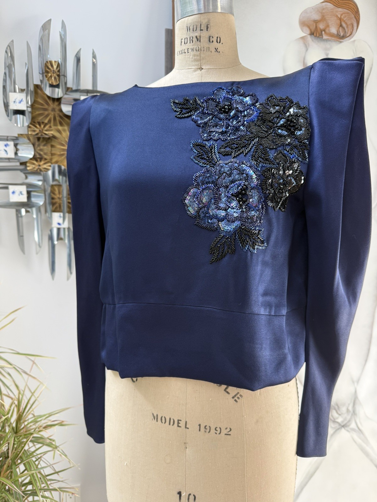ODICINI Couture Silk Top Vintage 80s Blue Sequin Avant Garde Structured Floral