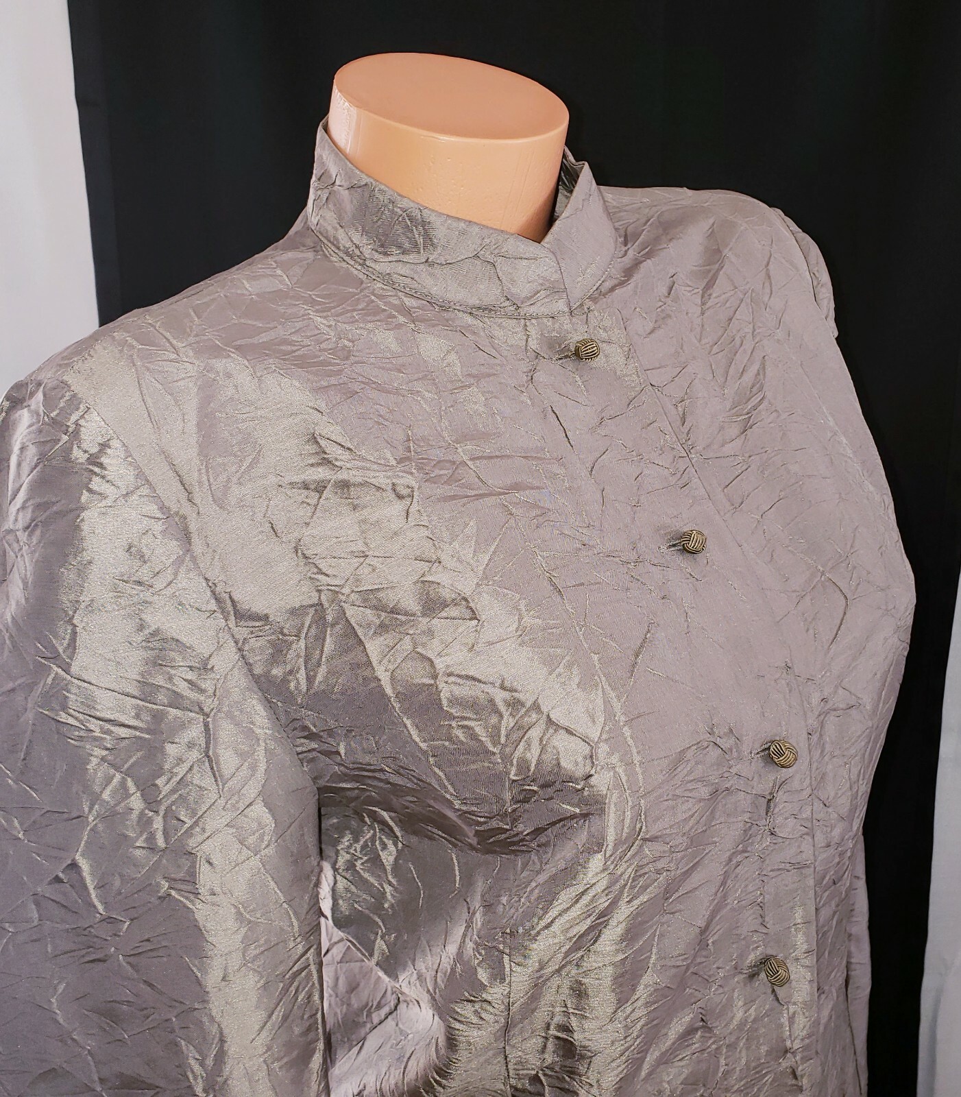 Sutton Studio Crushed Metallic Silk Taffeta Taupe Silver Tunic Blouse Shirt Sz M