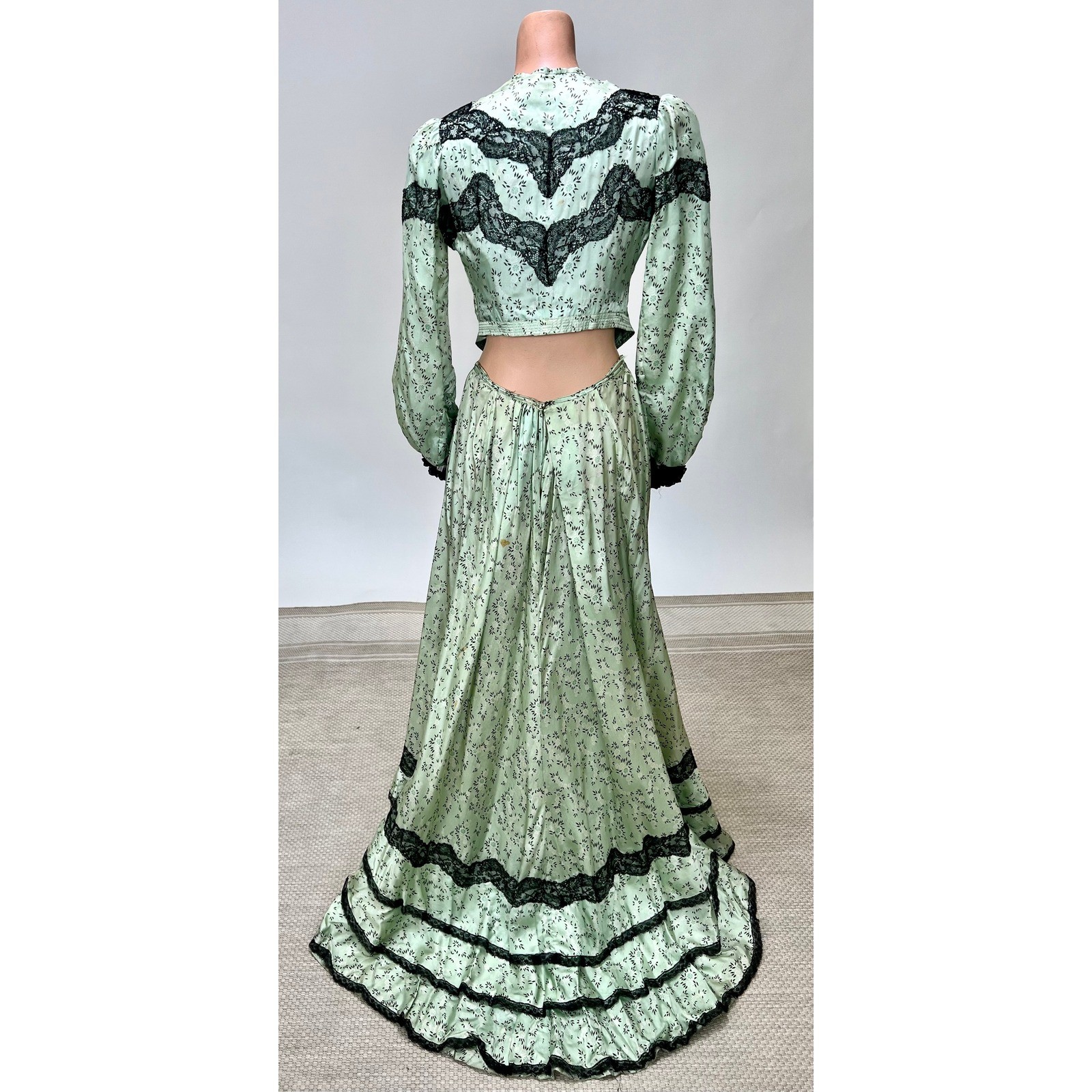 Antique Victorian Mint Green Printed Silk Two Piece Floral Skirt Set Black Lace