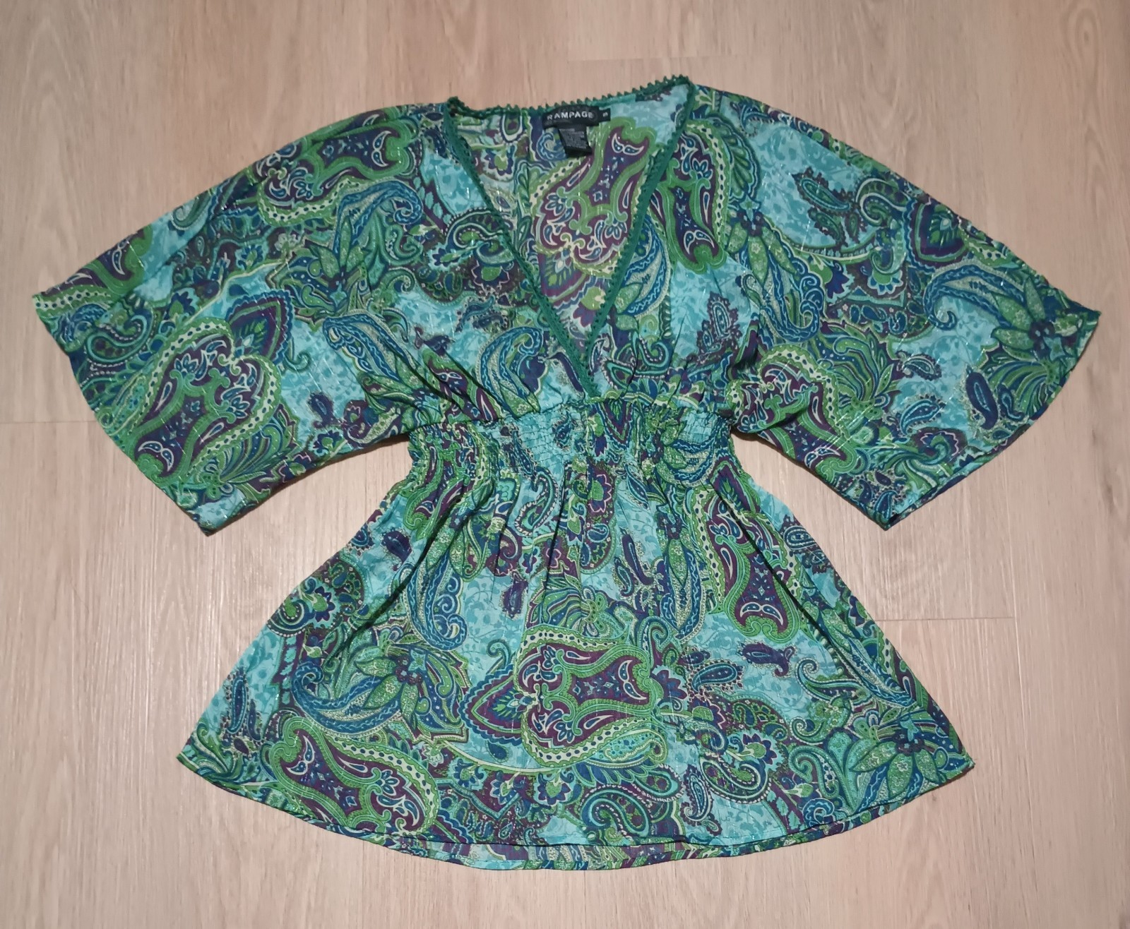 Vtg 90s RAMPAGE Sheer Paisley Metallic Pinstriped Boho Kaftan Kimono Tunic Top S