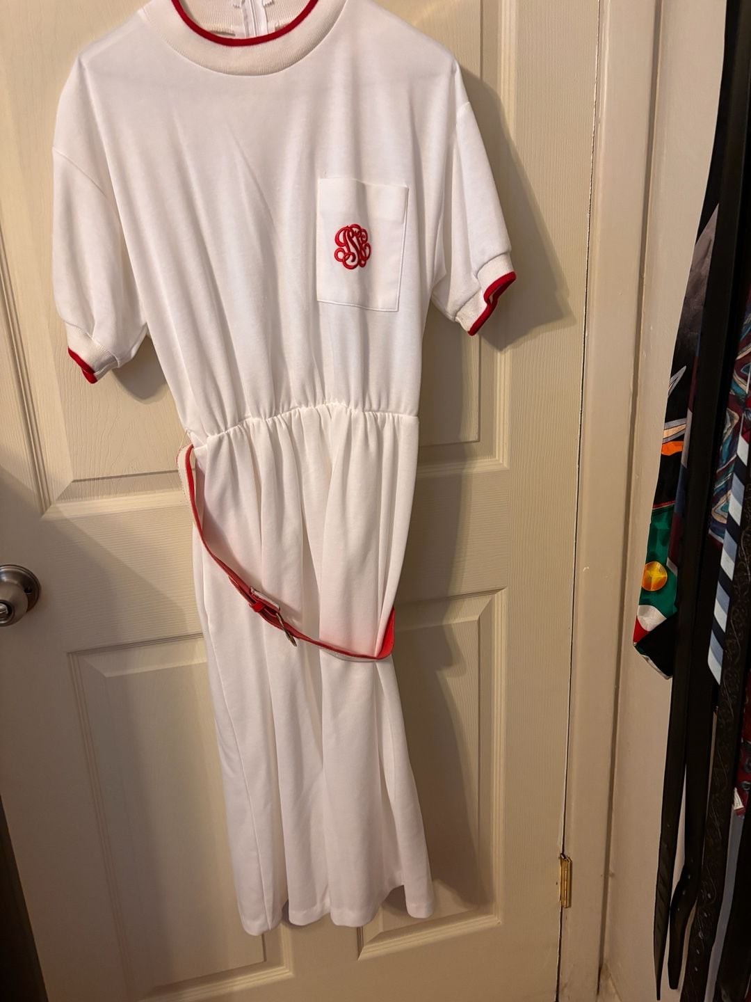 Vintage EJM Petite White Monogrammed Short Sleeve Dress with Belt