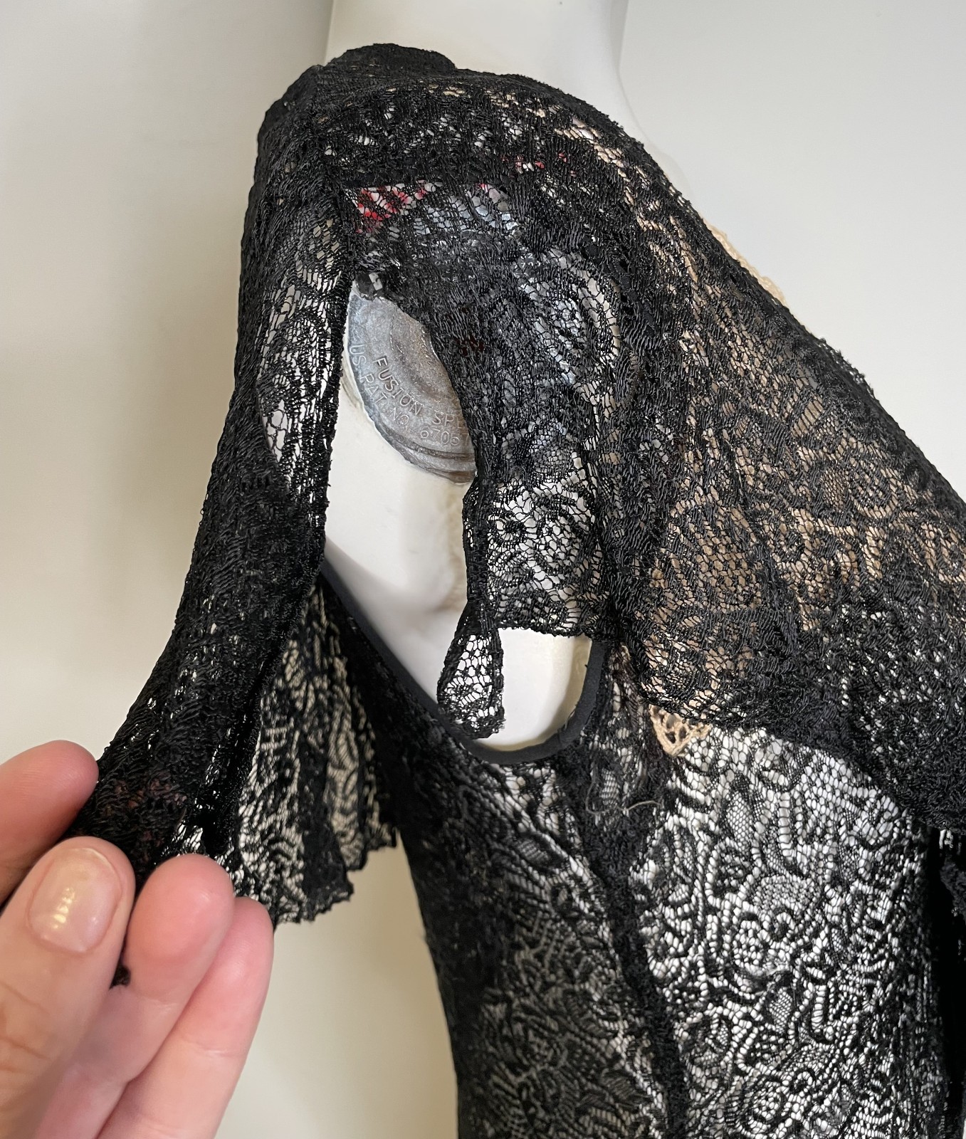 Antique 20s 30s Black Lace Art Deco Dress S M 3-in-1 Sleeveless Midi Fitted