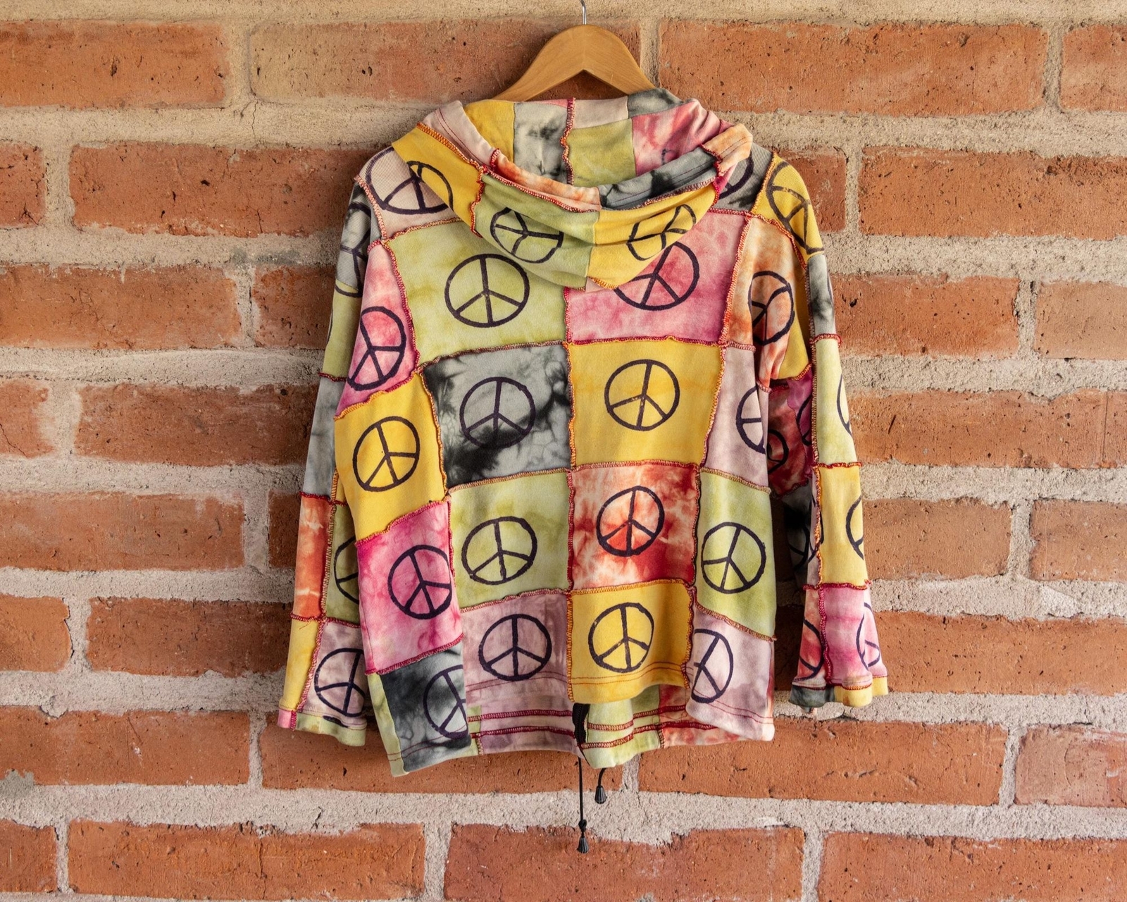 Vintage 90s Y2K Whimsigoth Peace Patchwork Nepal Hippie Hoodie Sweatshirt