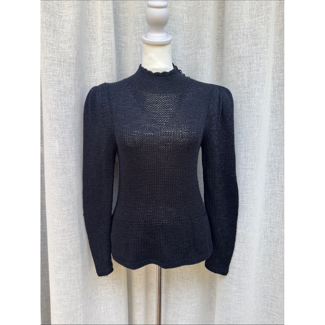Vintage black hand knitted Victorian style peplum high neck sweater